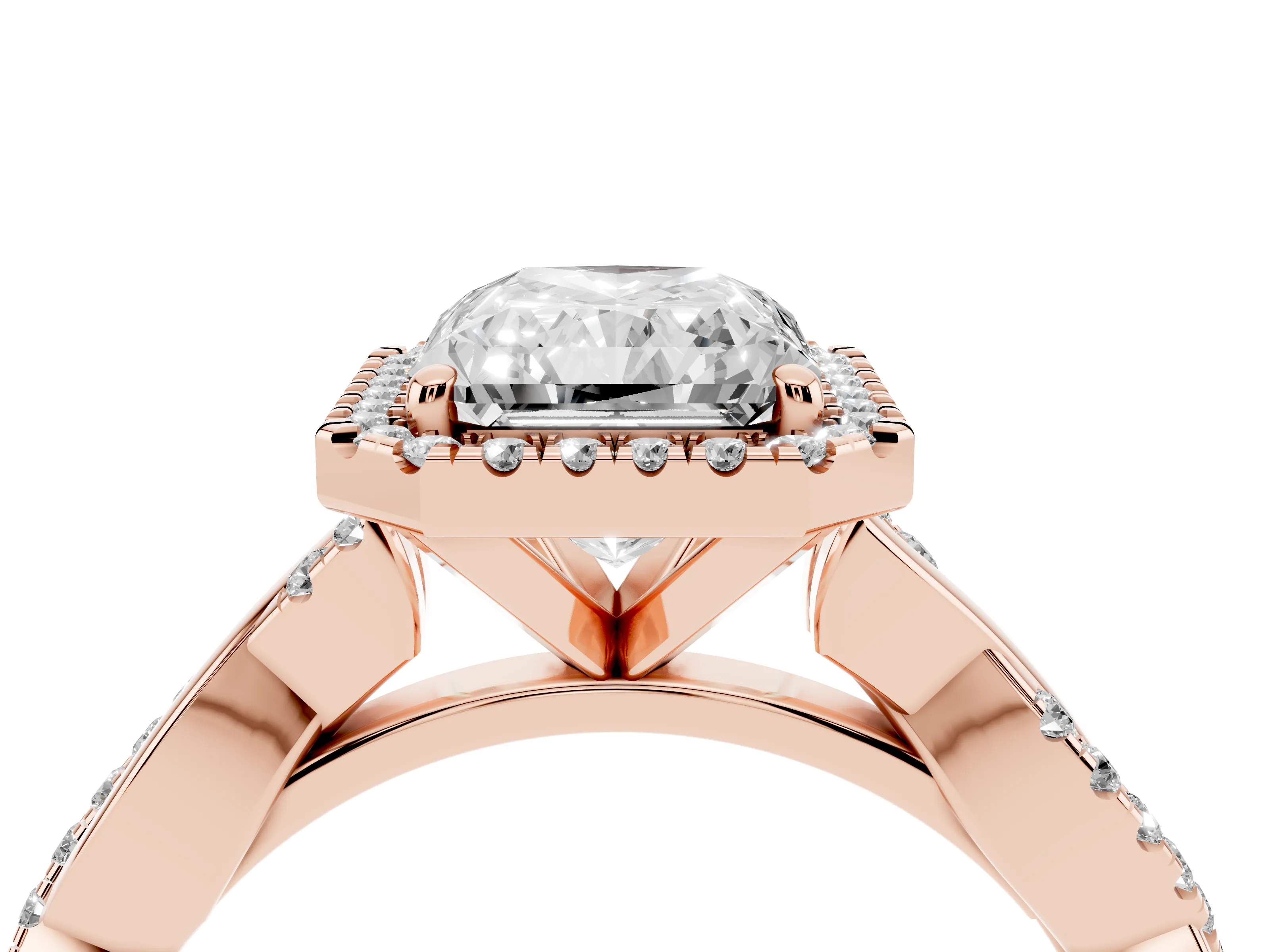 Radiant Cut Diamond Halo Twisted Band Ring Set in Rose gold with Prong Setting