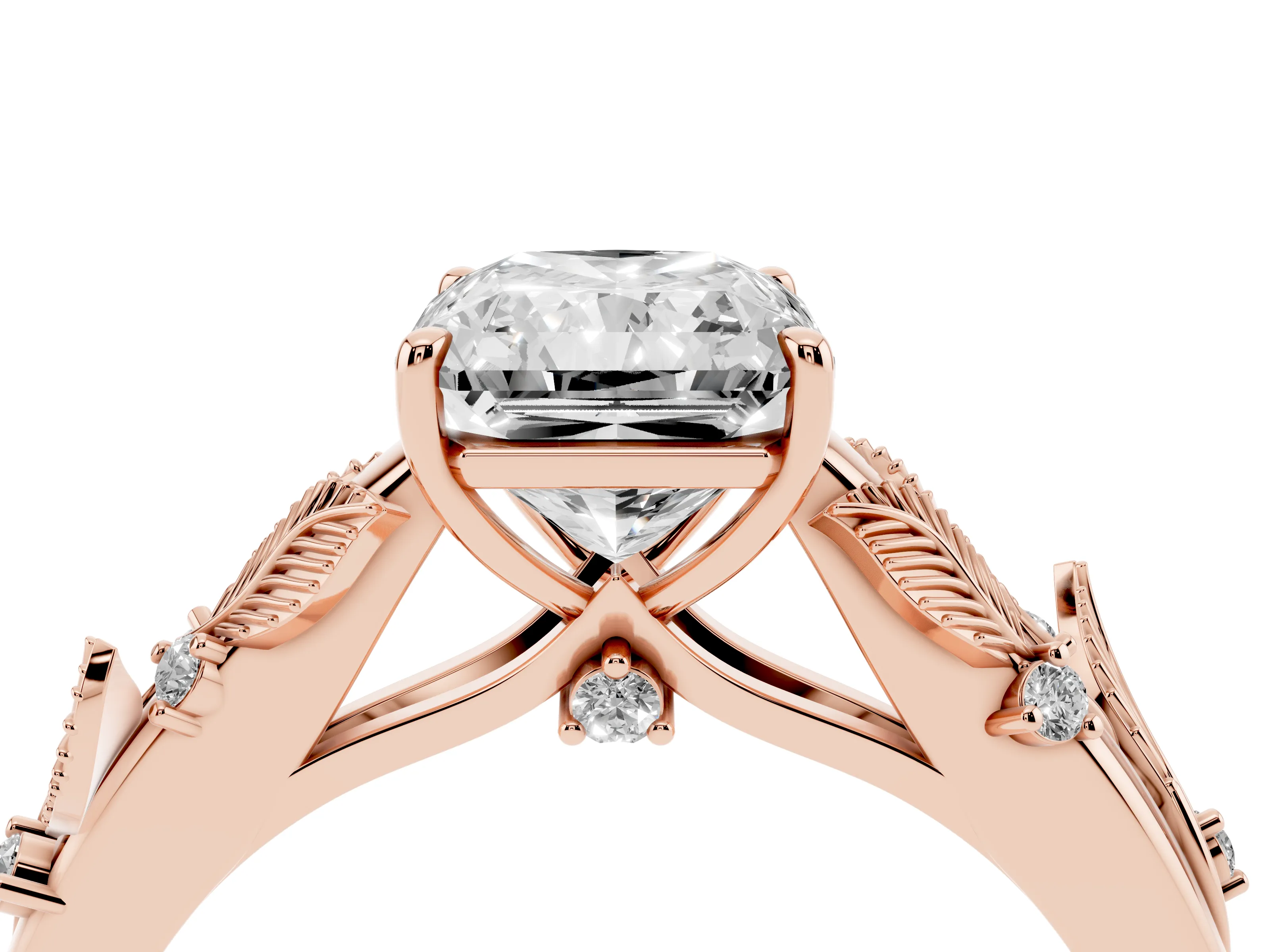Radiant Cut Diamond Solitaire Ring Set in Rose gold with Leaf Motif Band