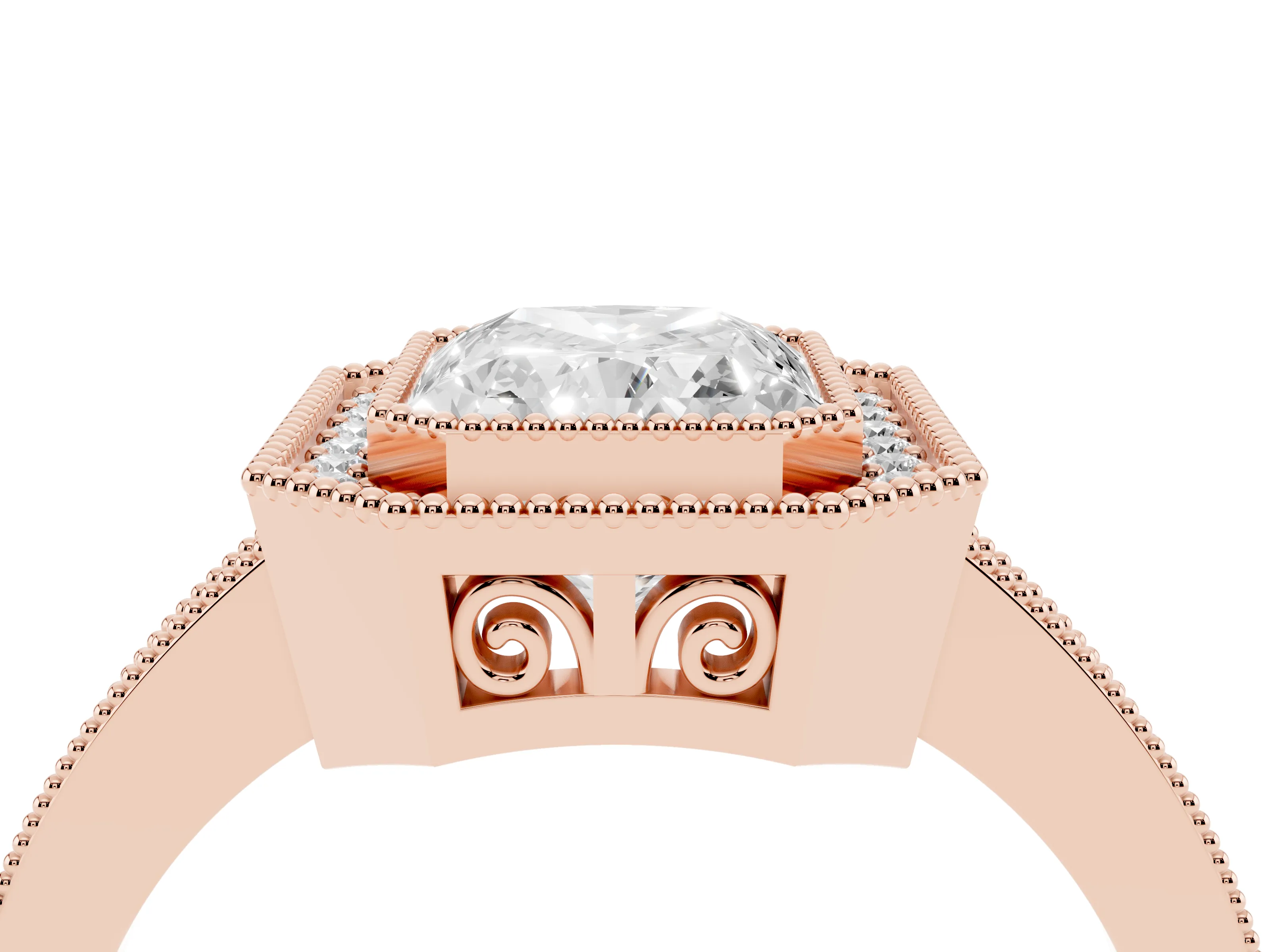 Radiant Cut Diamond Round Halo Ring Set in Rose gold with Pavé Band