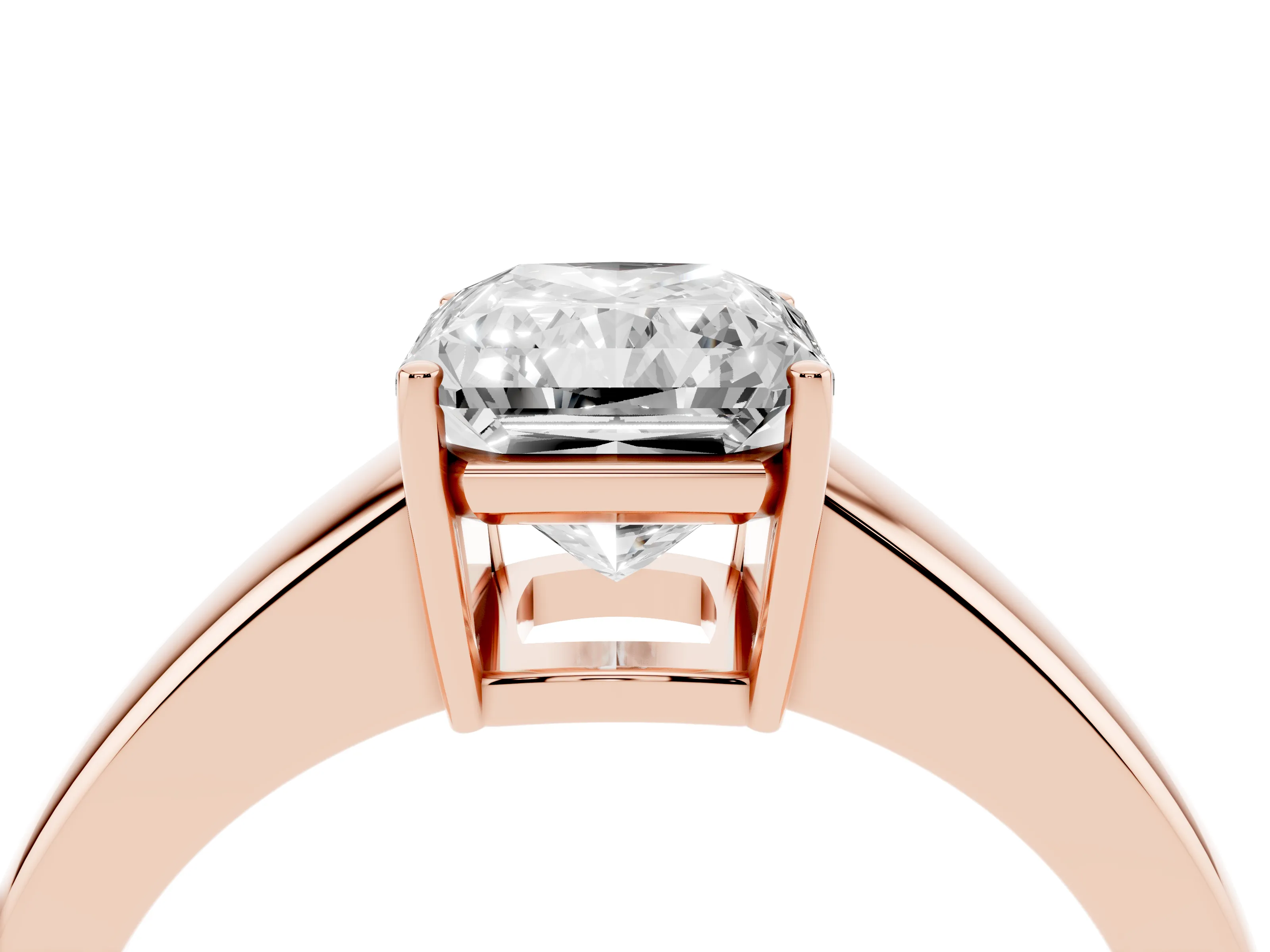 Radiant Cut Diamond Solitaire Ring Set in Rose gold with Tapered Band and Prong Setting