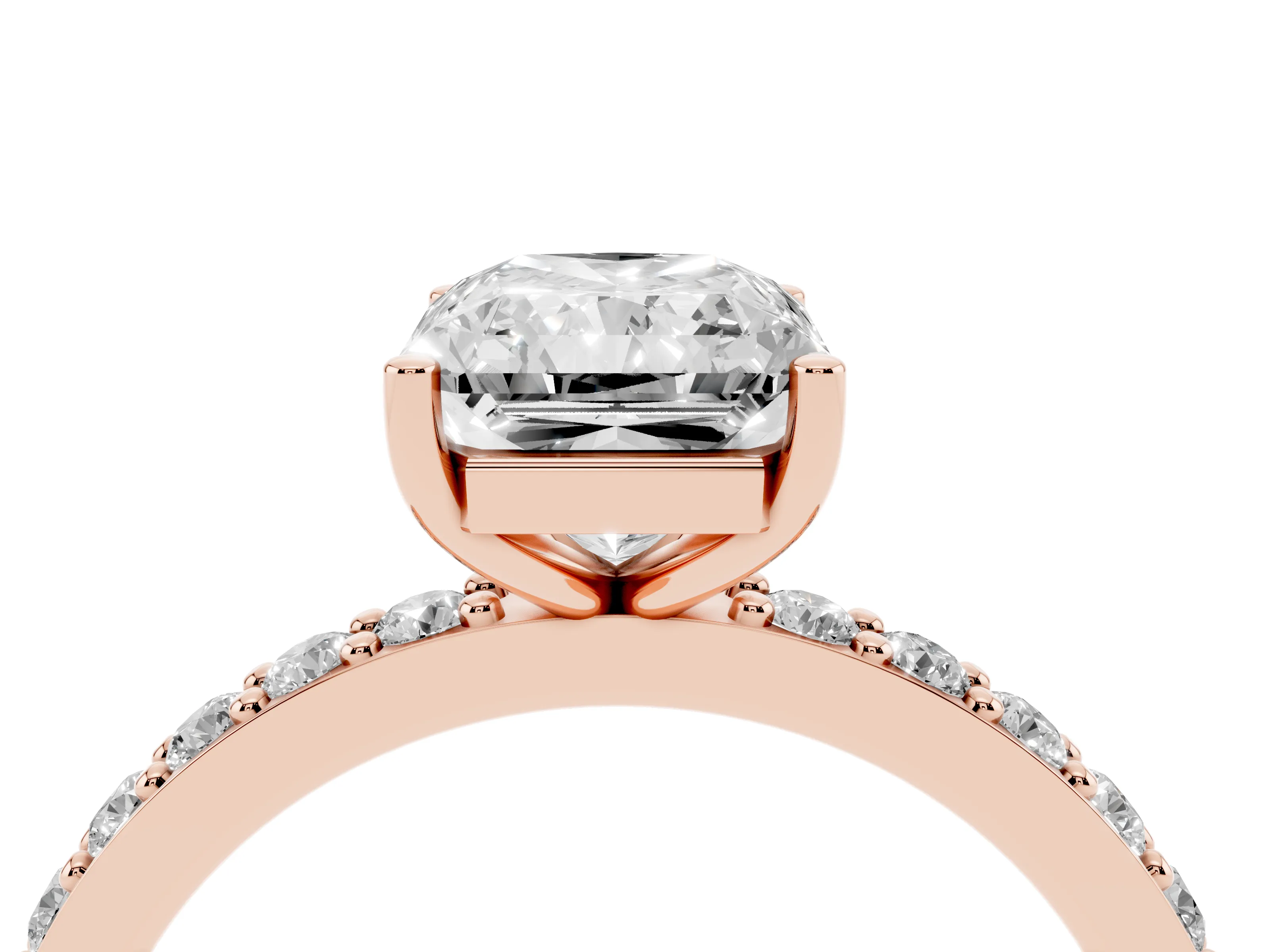 Radiant Cut Pavé Solitaire Engagement Ring Setting | Single Row Band | Rose Gold