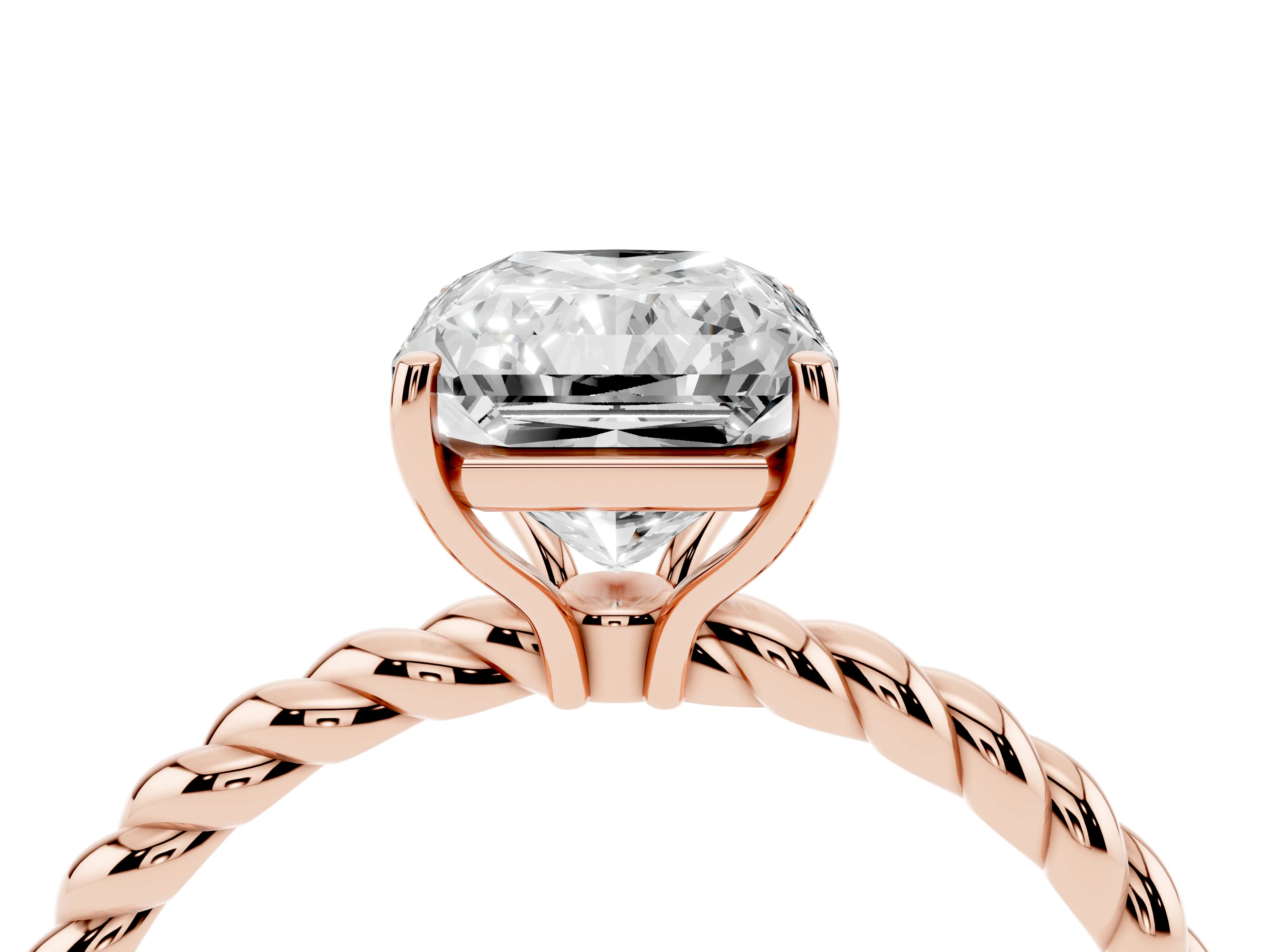 Radiant Cut Diamond Solitaire Ring Set in Rose gold with Twist Band and Prong Setting
