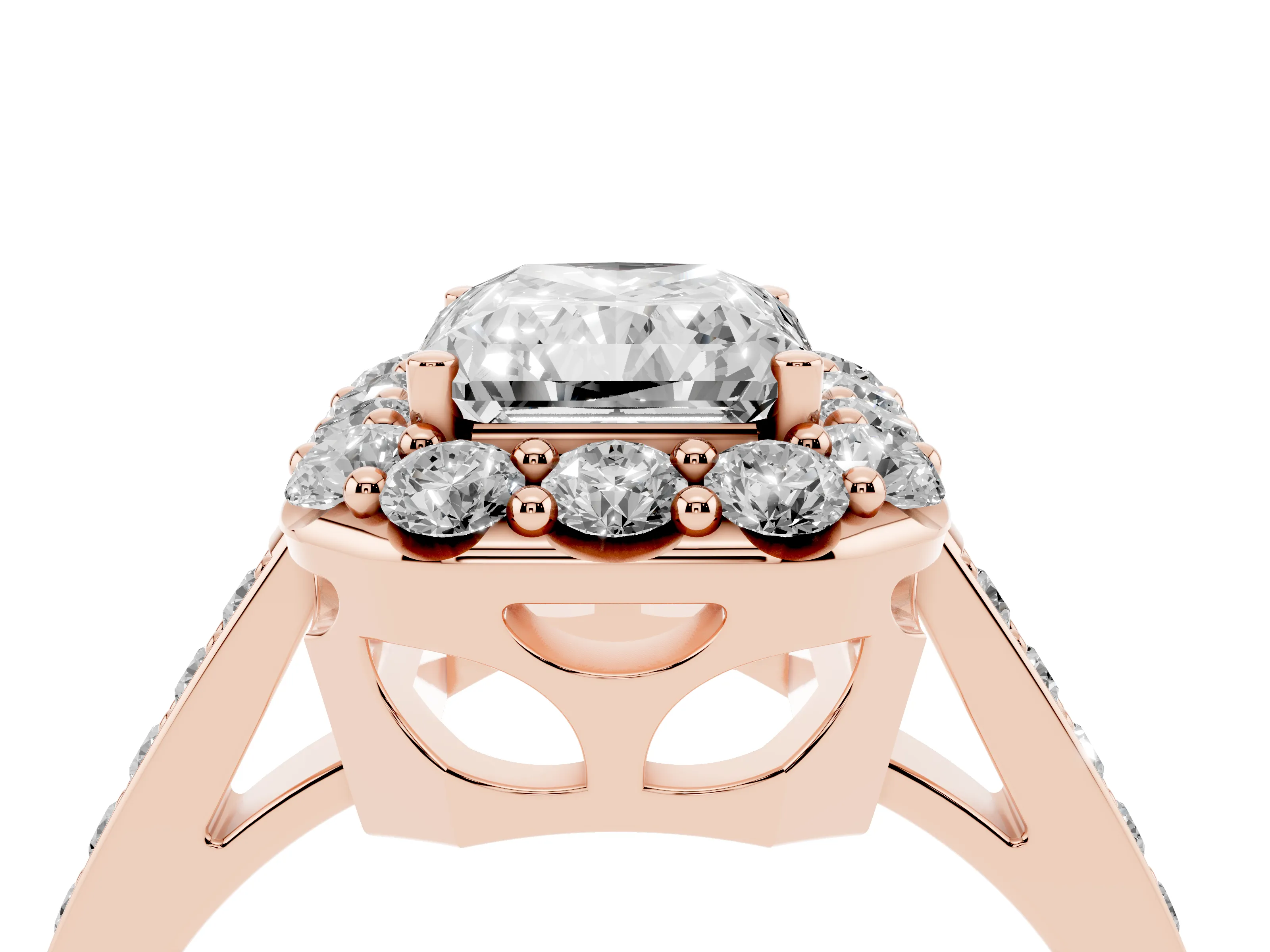 Radiant Cut Diamond Floral Halo Ring Set in Rose gold with Pavé Band and Prong Setting
