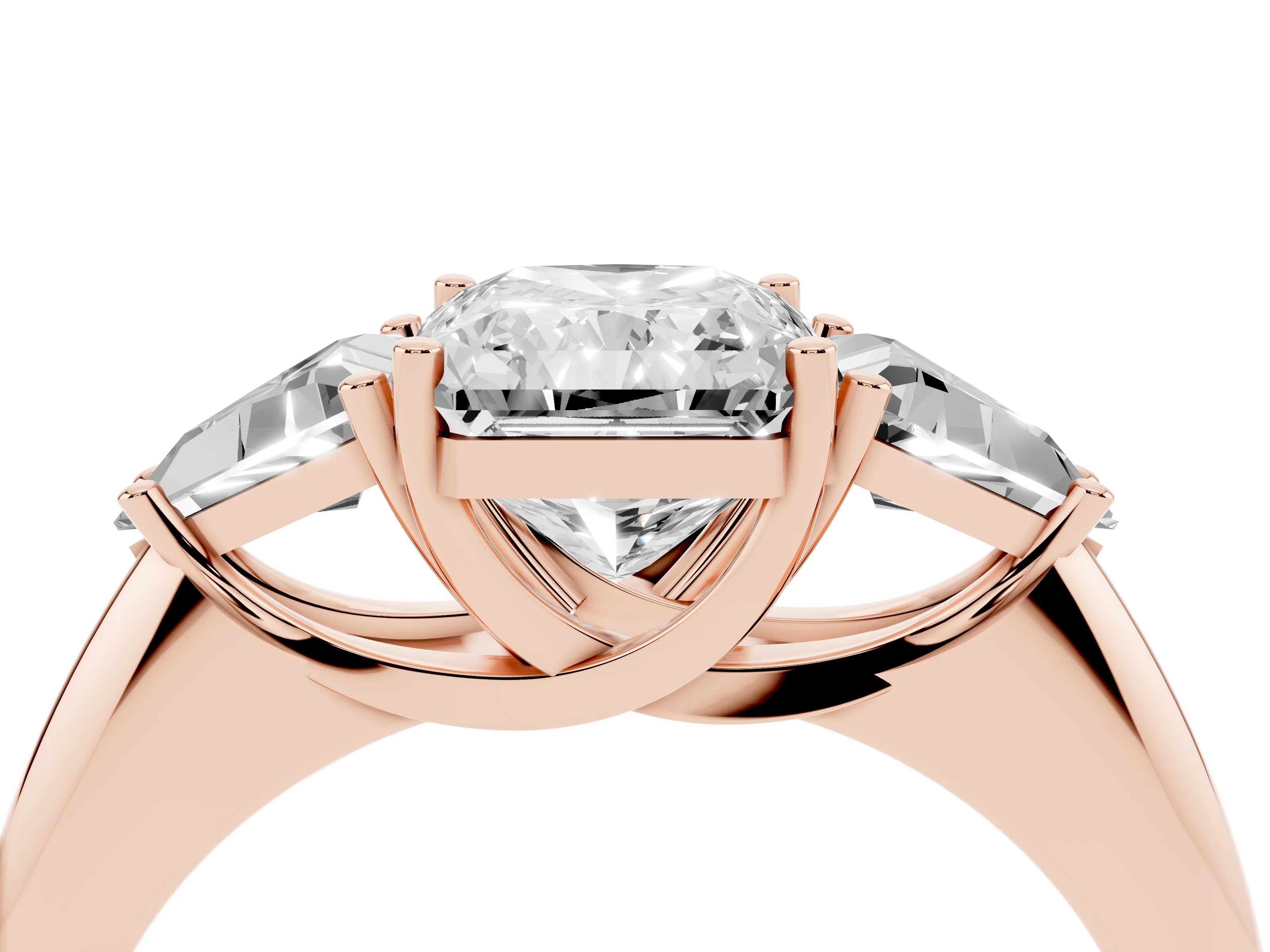 Radiant Cut Diamond Three-Stone Engagement Ring Set in Rose gold with Trillion Side Stones