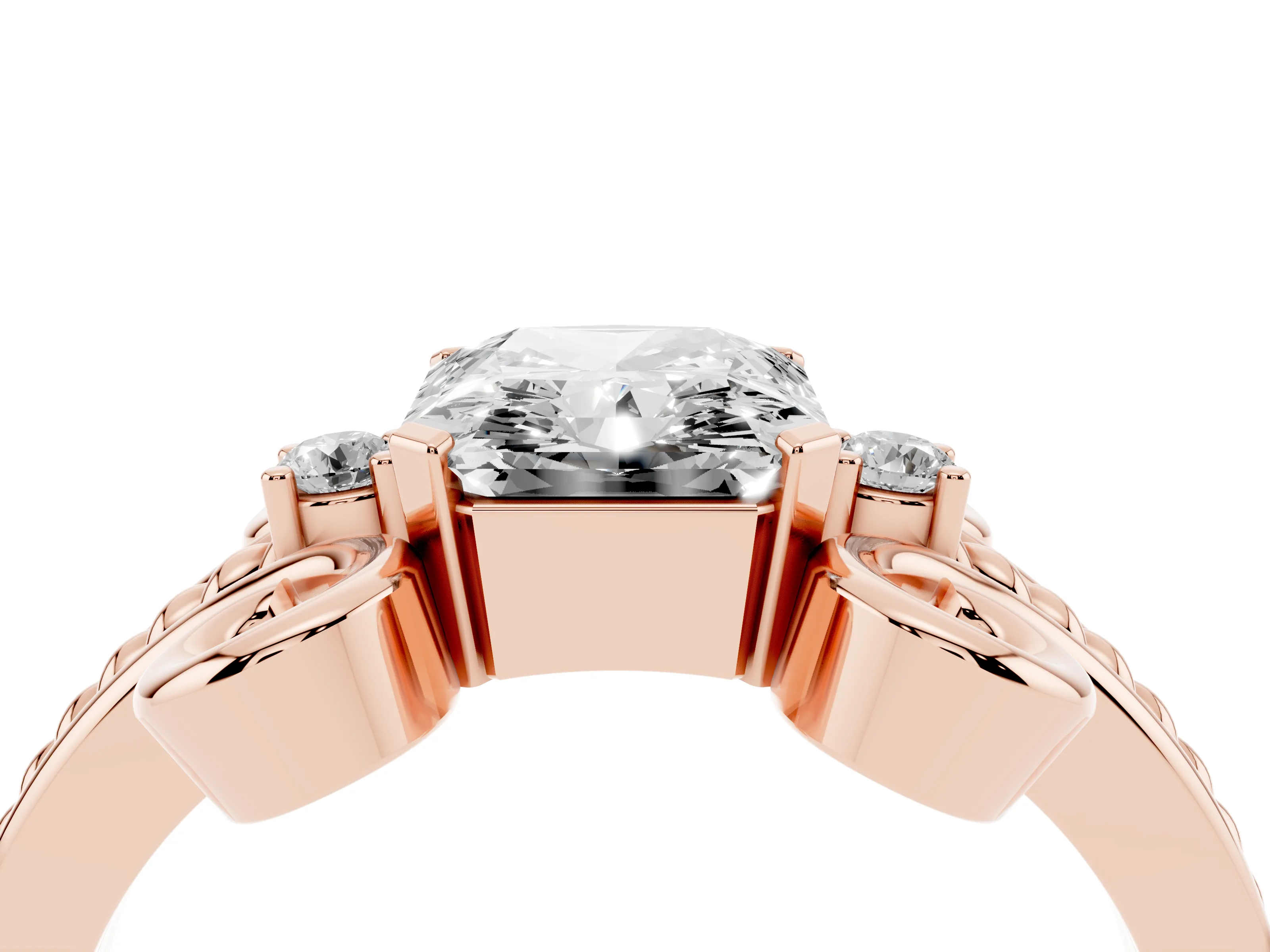 Radiant Cut Diamond Twisted Band Solitaire Ring Set in Rose gold with Scroll Prongs