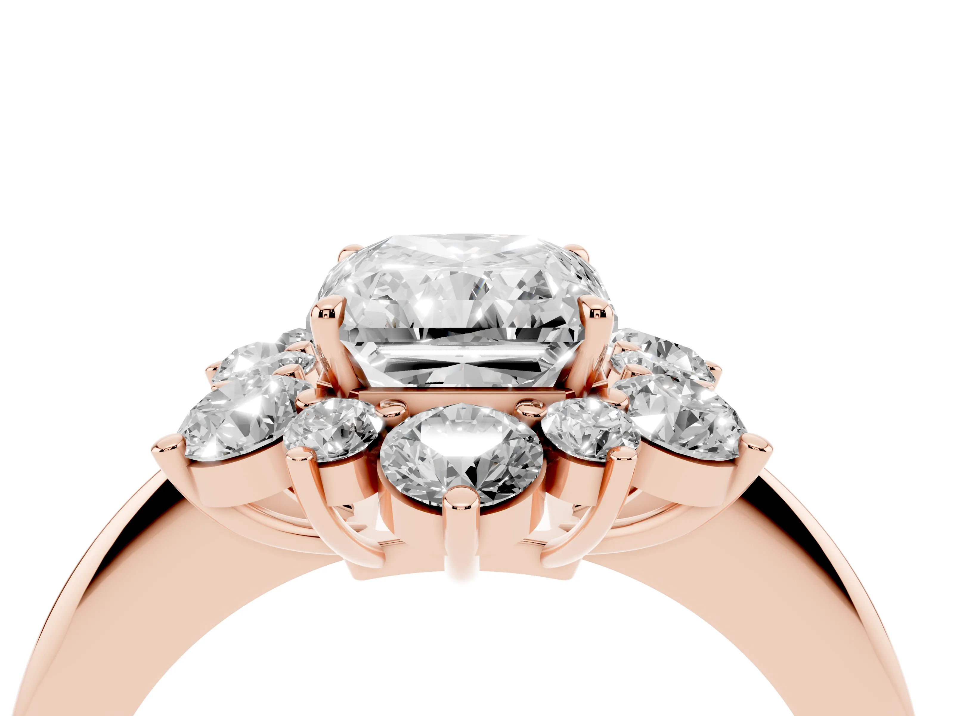 Radiant Cut Diamond Cluster Halo Ring Set in Rose gold with Solitaire Band and Prong Setting