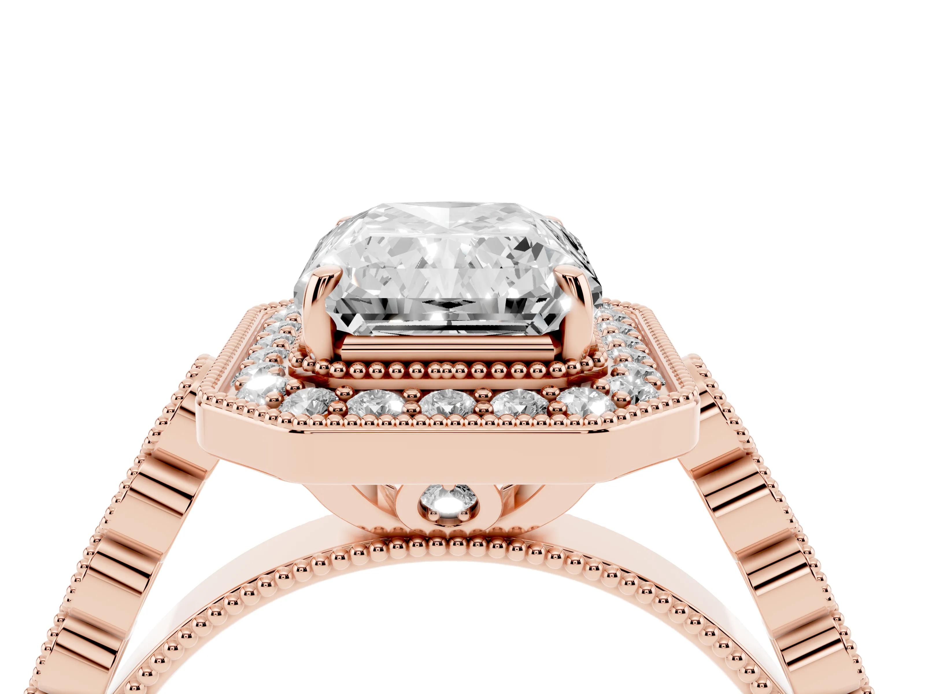 Radiant Cut Diamond Milgrain Halo Solitaire Ring Set in Rose gold with Bezel Set Side Stones and Pavé Band