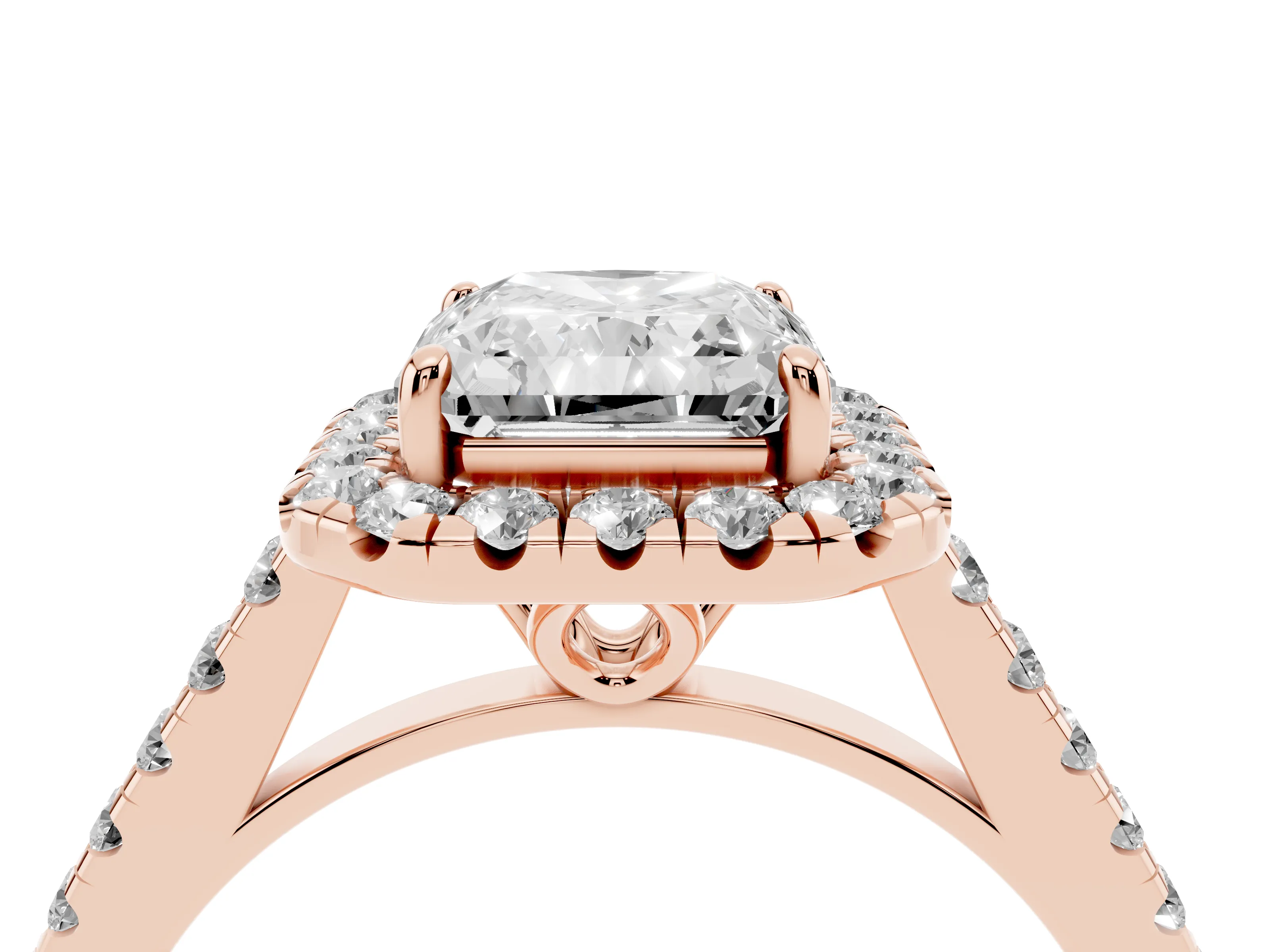 Radiant Cut Diamond Pavé Halo Engagement Ring Set in Rose gold with Pavé Band and Prong Setting