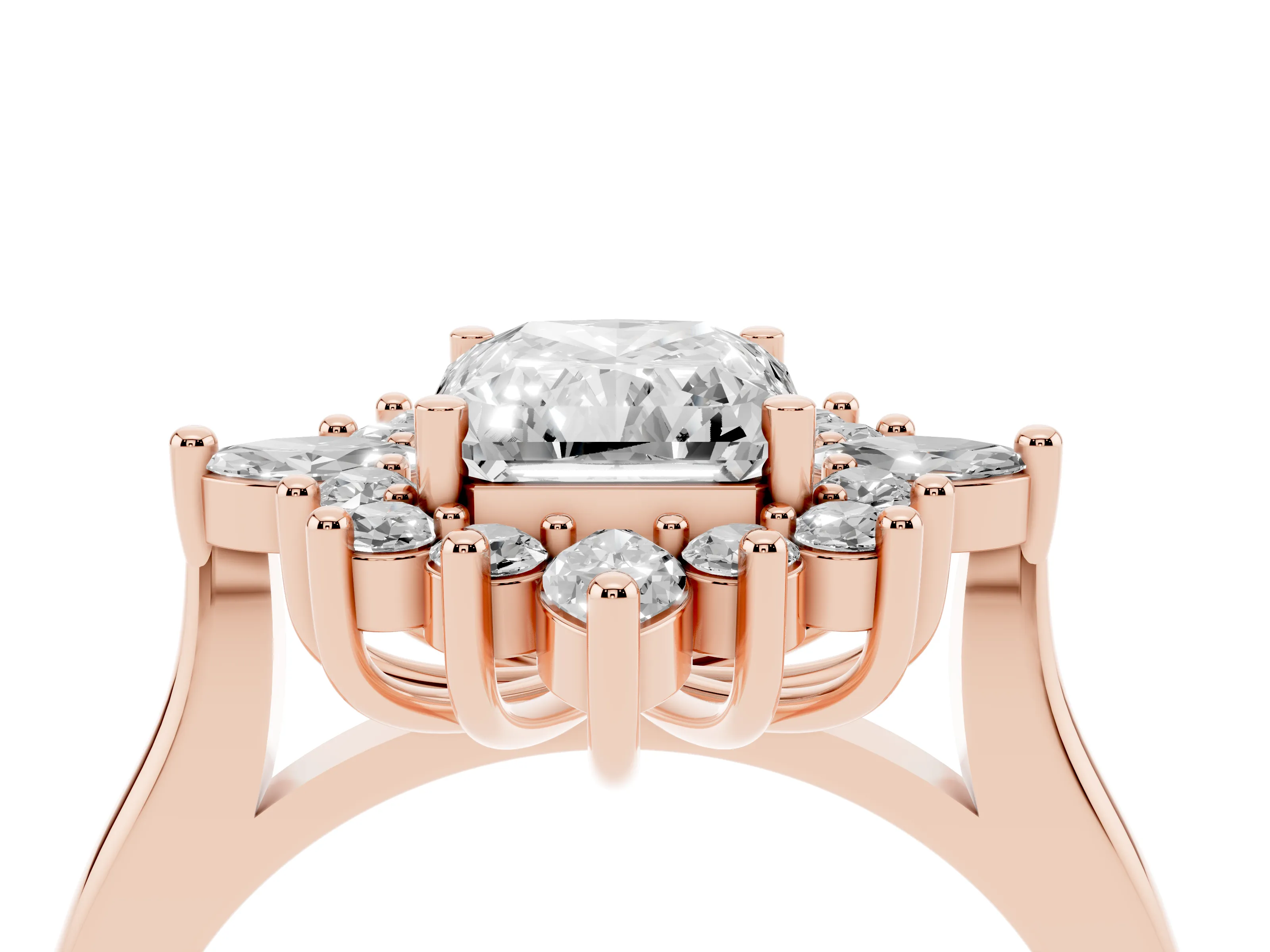 Radiant Cut Diamond Cluster Halo Ring Set in Rose gold with Marquise and Round Accents