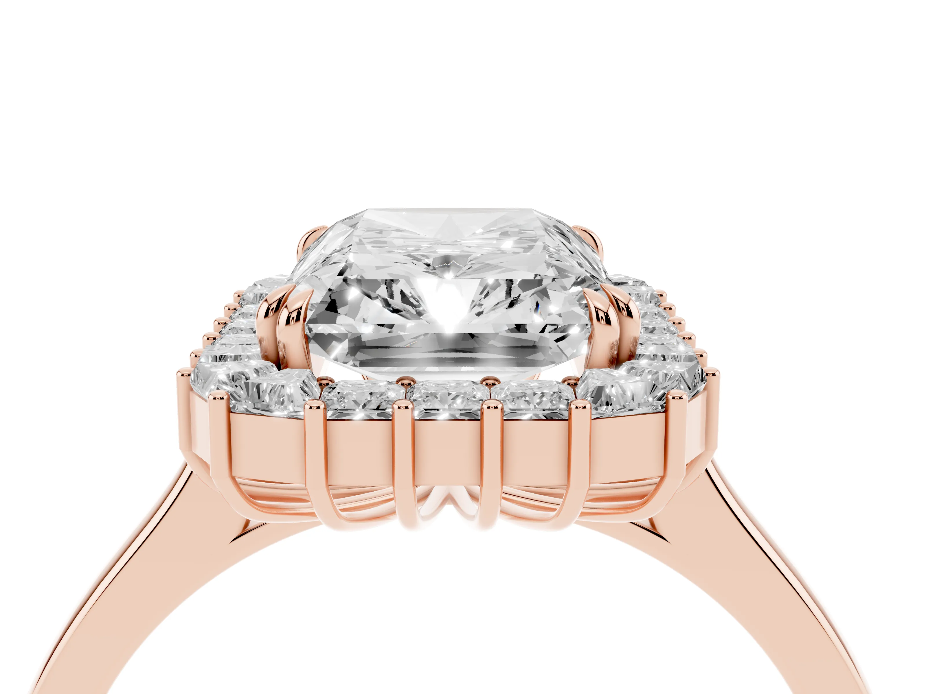 Radiant Diamond Baguette Halo Ring Set in Rose gold with Round Accents and Slim Band