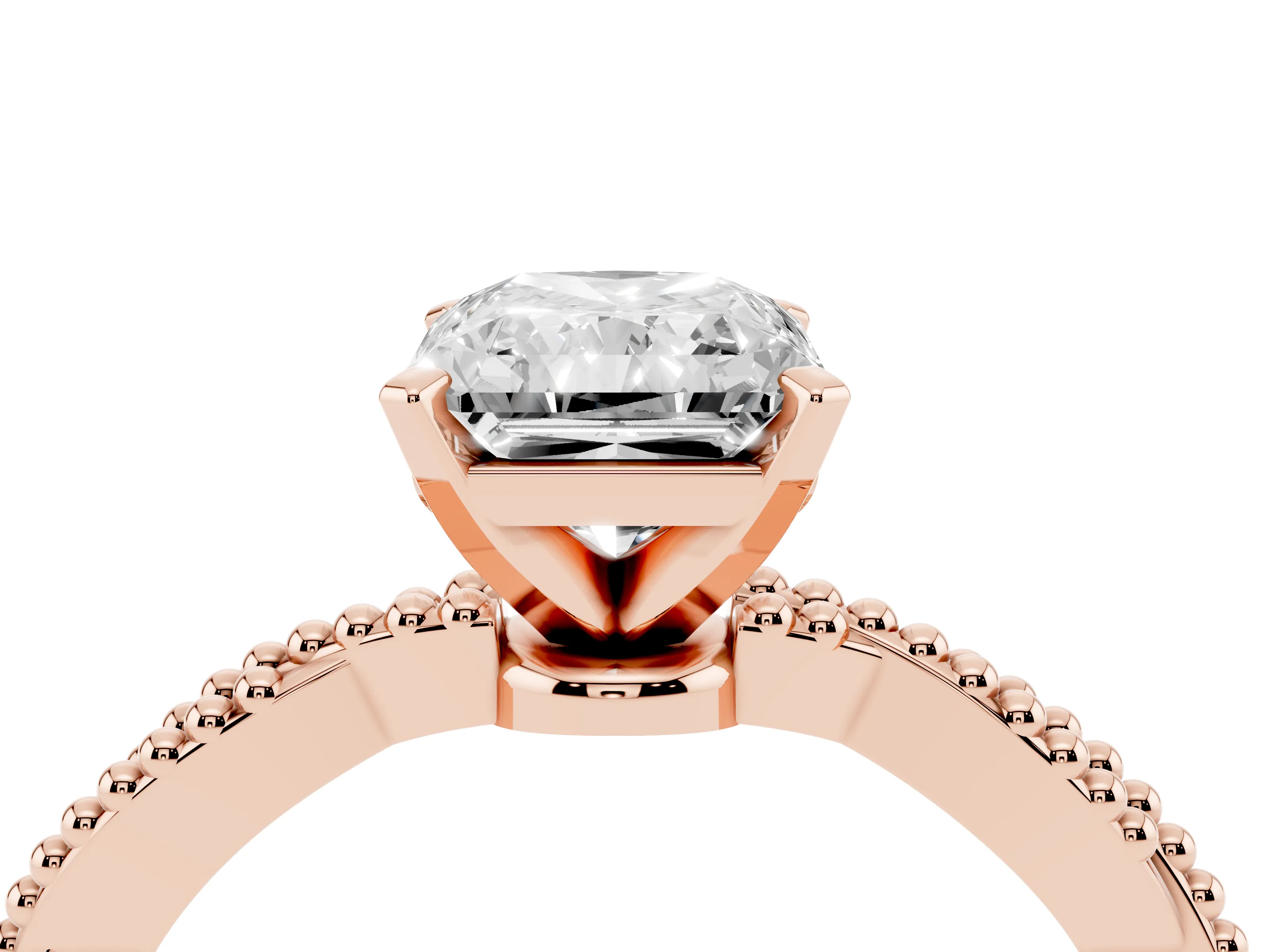 Radiant Cut Diamond Solitaire Ring Set in Rose gold with Twisted Band and Bead Prong Setting