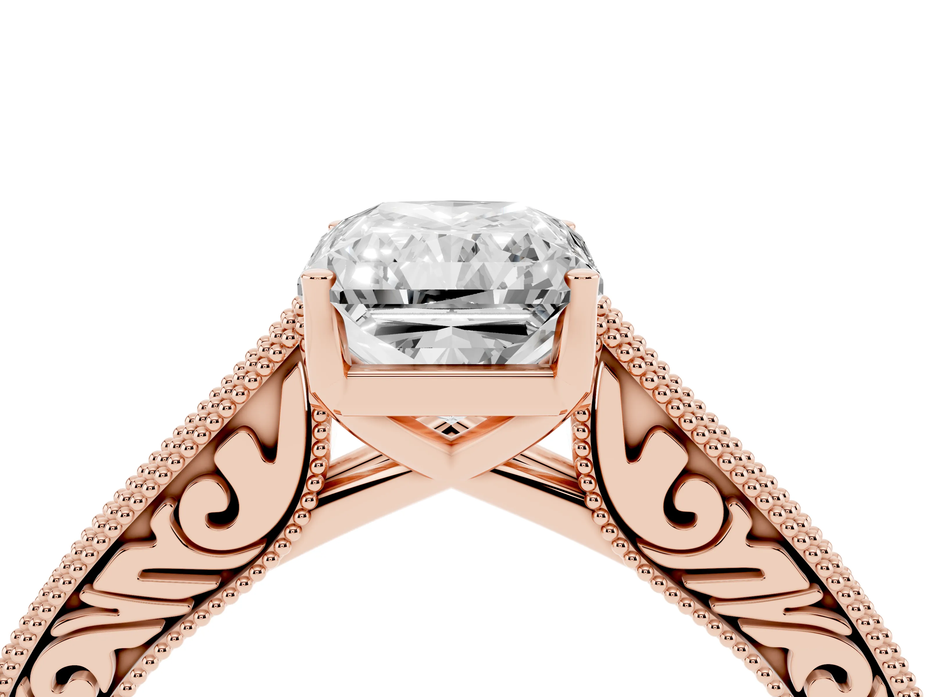 Radiant Cut Diamond Milgrain Pavé Band Solitaire Ring Set in Rose gold with Prong Setting