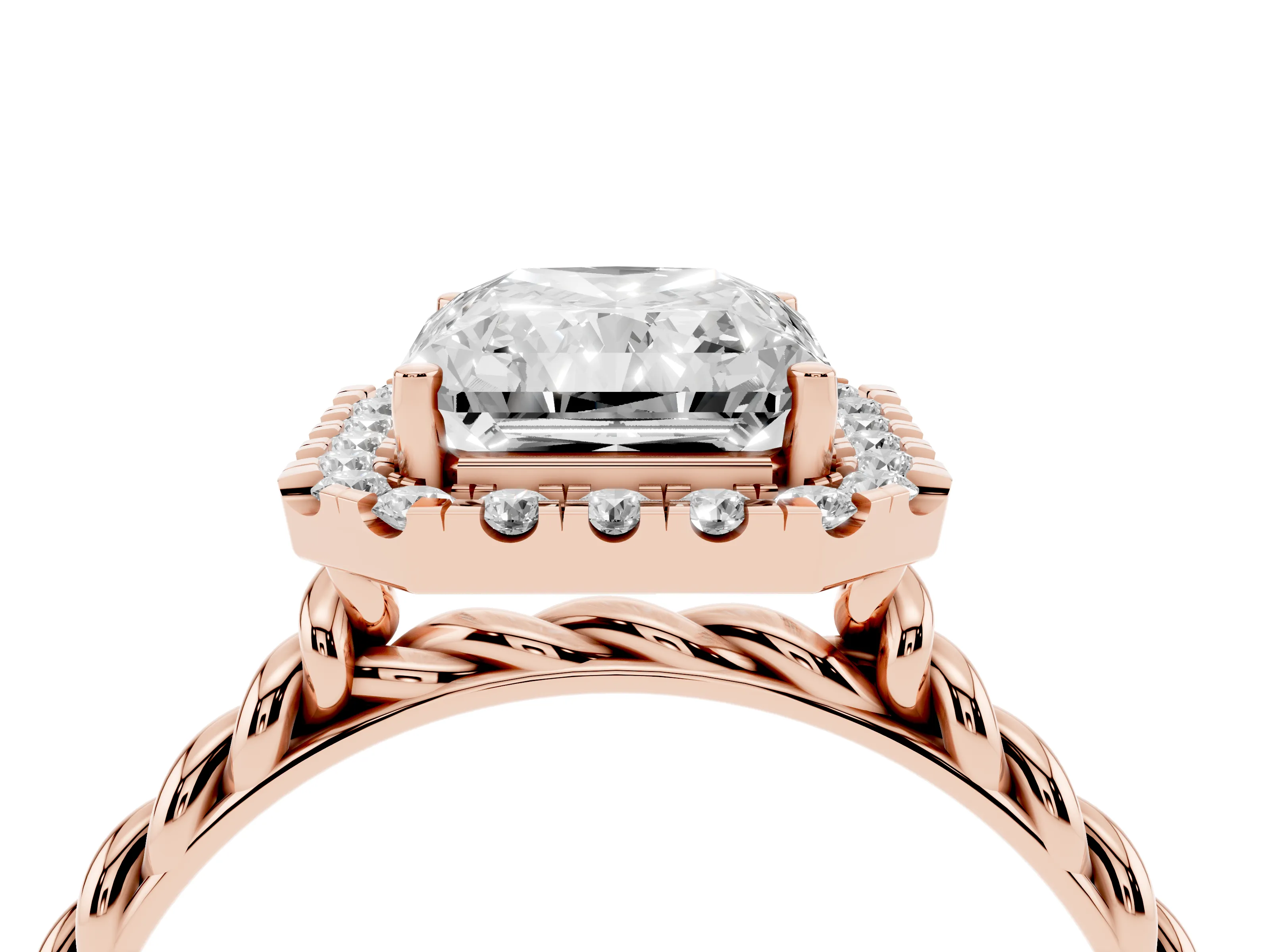 Radiant Cut Diamond Halo Ring Set in Rose gold with Plain Twisted Band