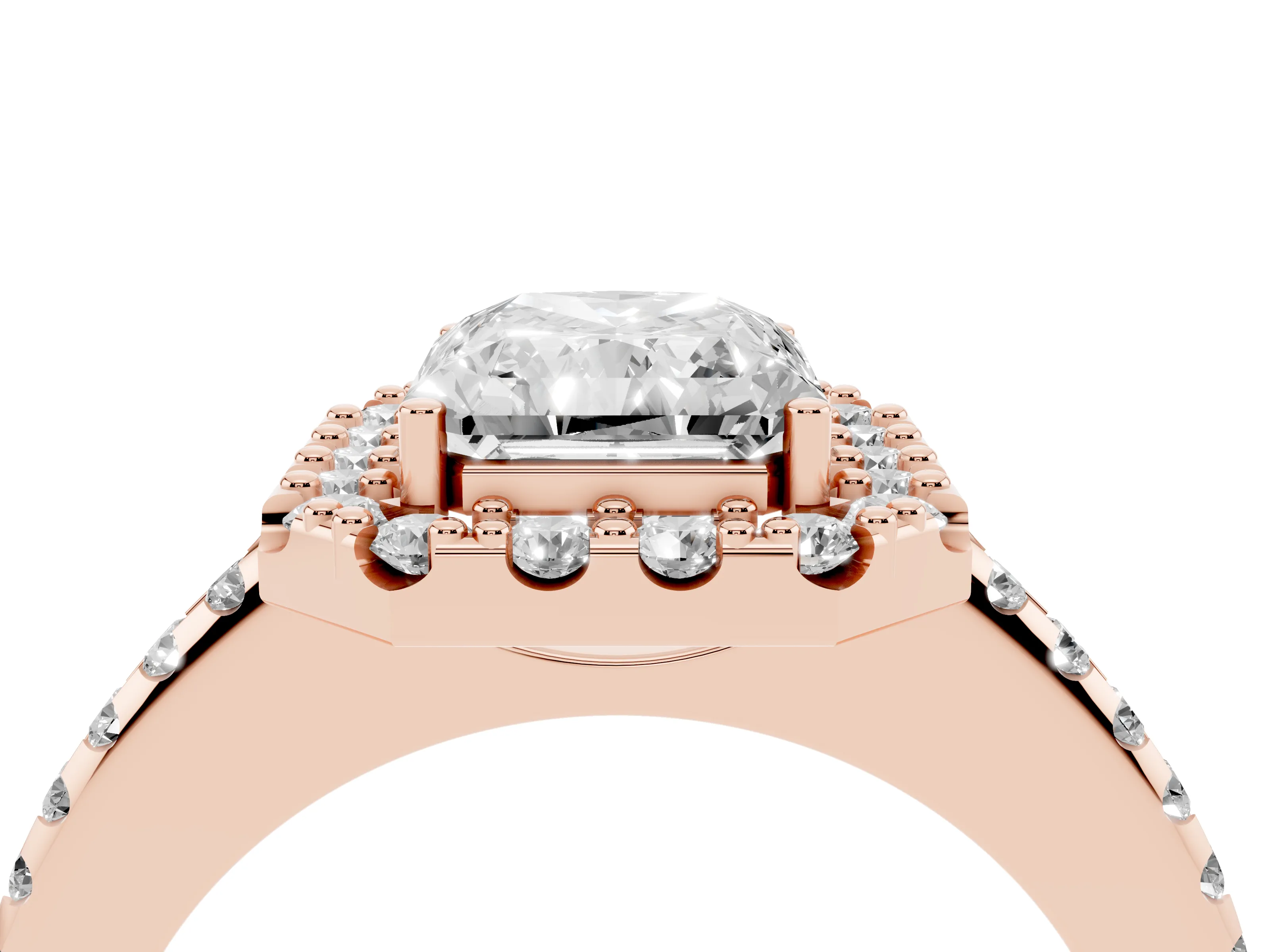 Radiant Cut Diamond Pavé Halo Ring Set in Rose gold with Prong Setting