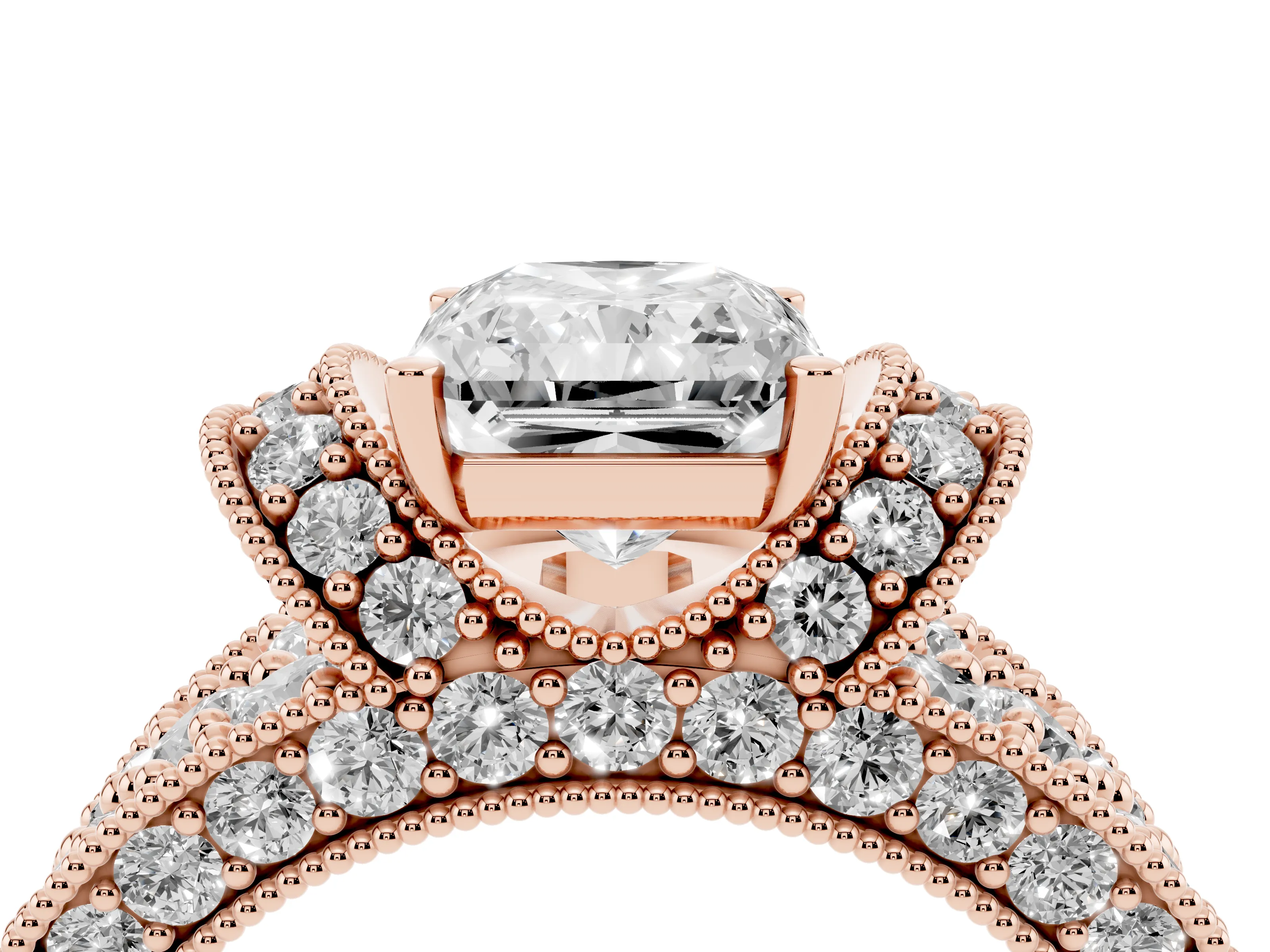 Radiant Cut Diamond Milgrain Halo Pavé Engagement Ring Set in Rose gold with Prong Setting