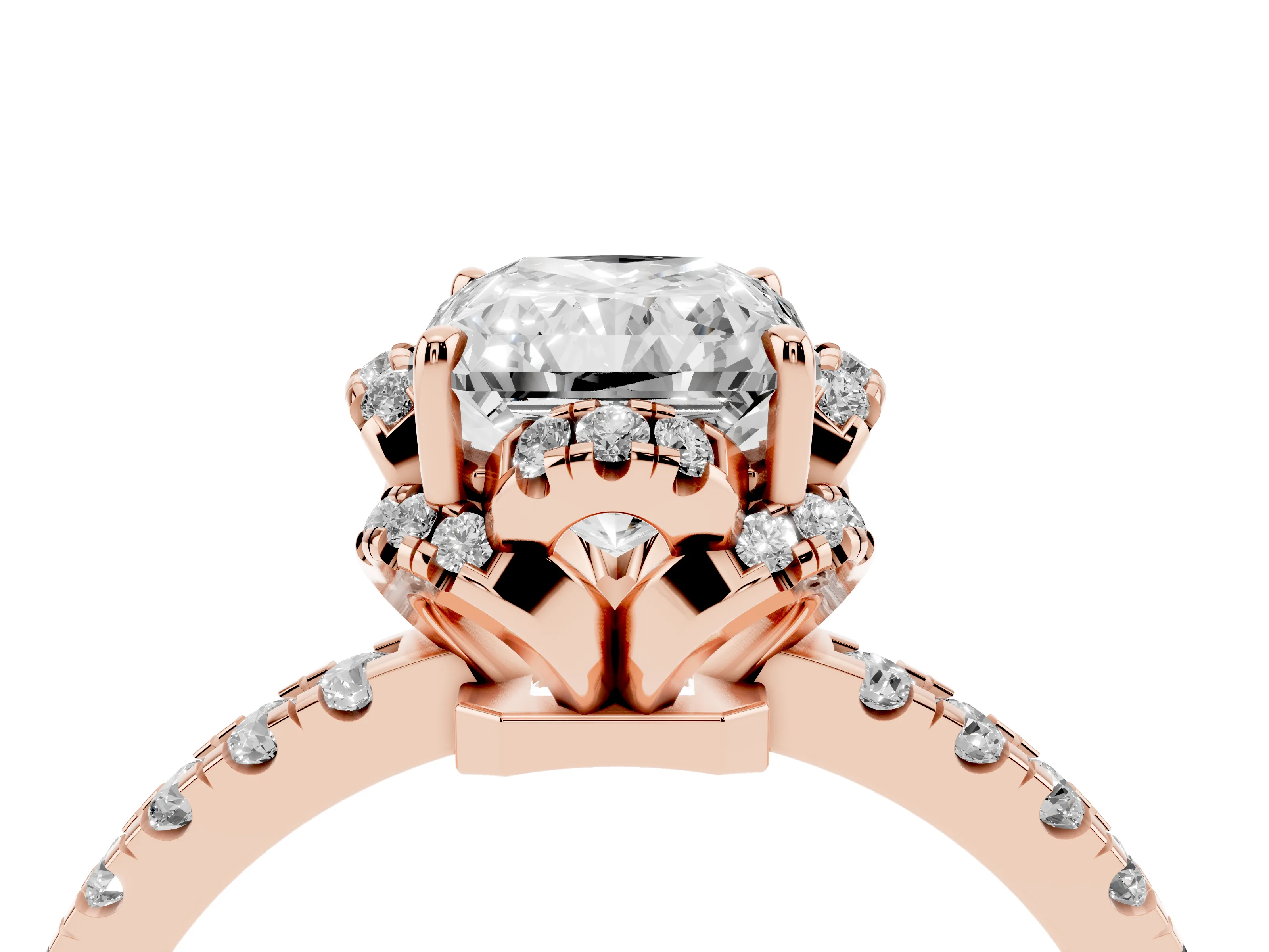 Radiant Cut Diamond Halo Pavé Band Ring Set in Rose gold with Prong-Held Center
