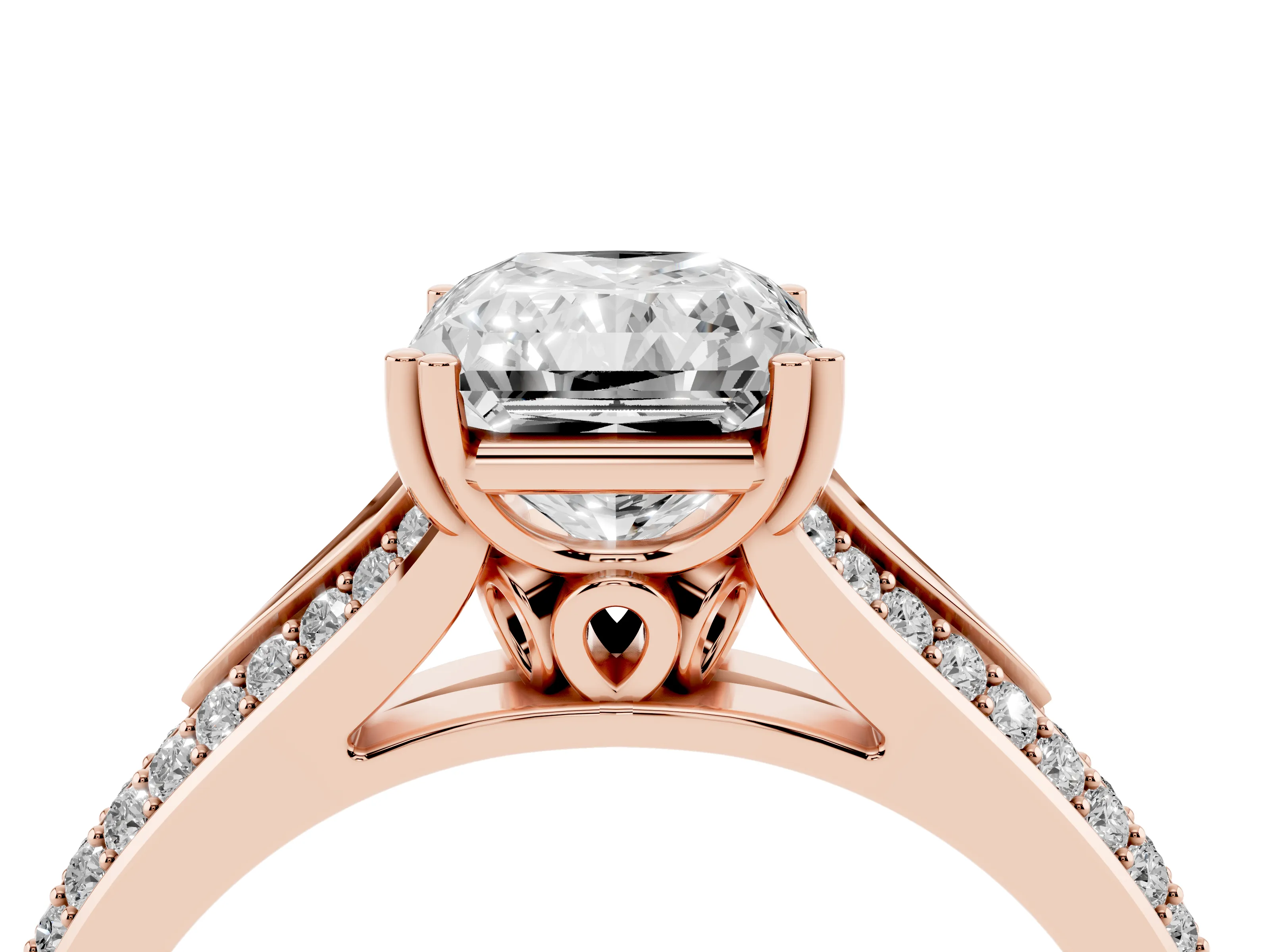 Radiant Cut Diamond Split Shank Pavé Engagement Ring Set in Rose gold with Prong-Set Center Stone