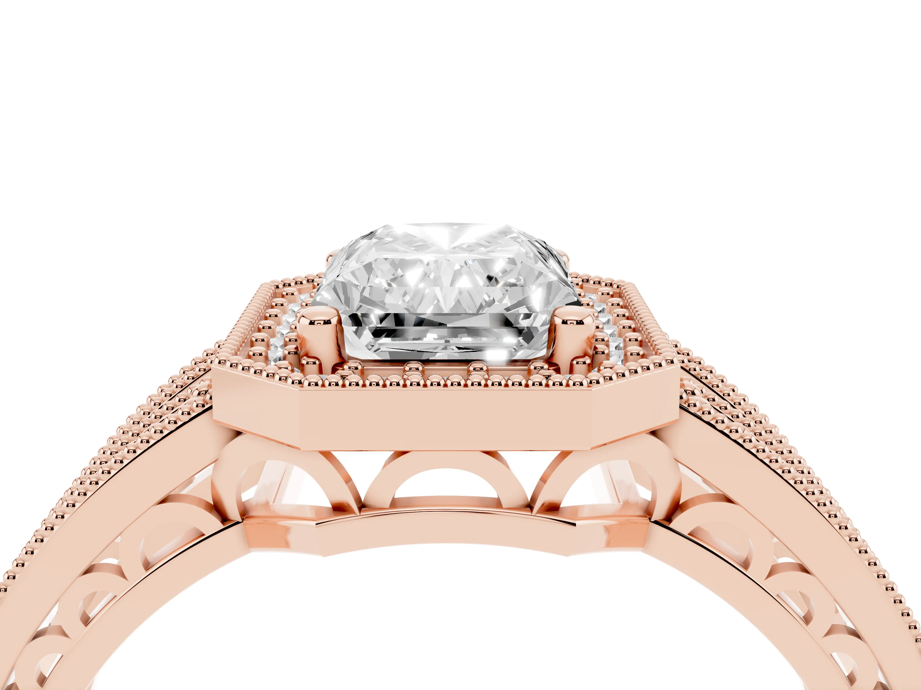 Radiant Cut Diamond Halo Ring Set in Rose gold with Accent Split Shank and Prong Setting
