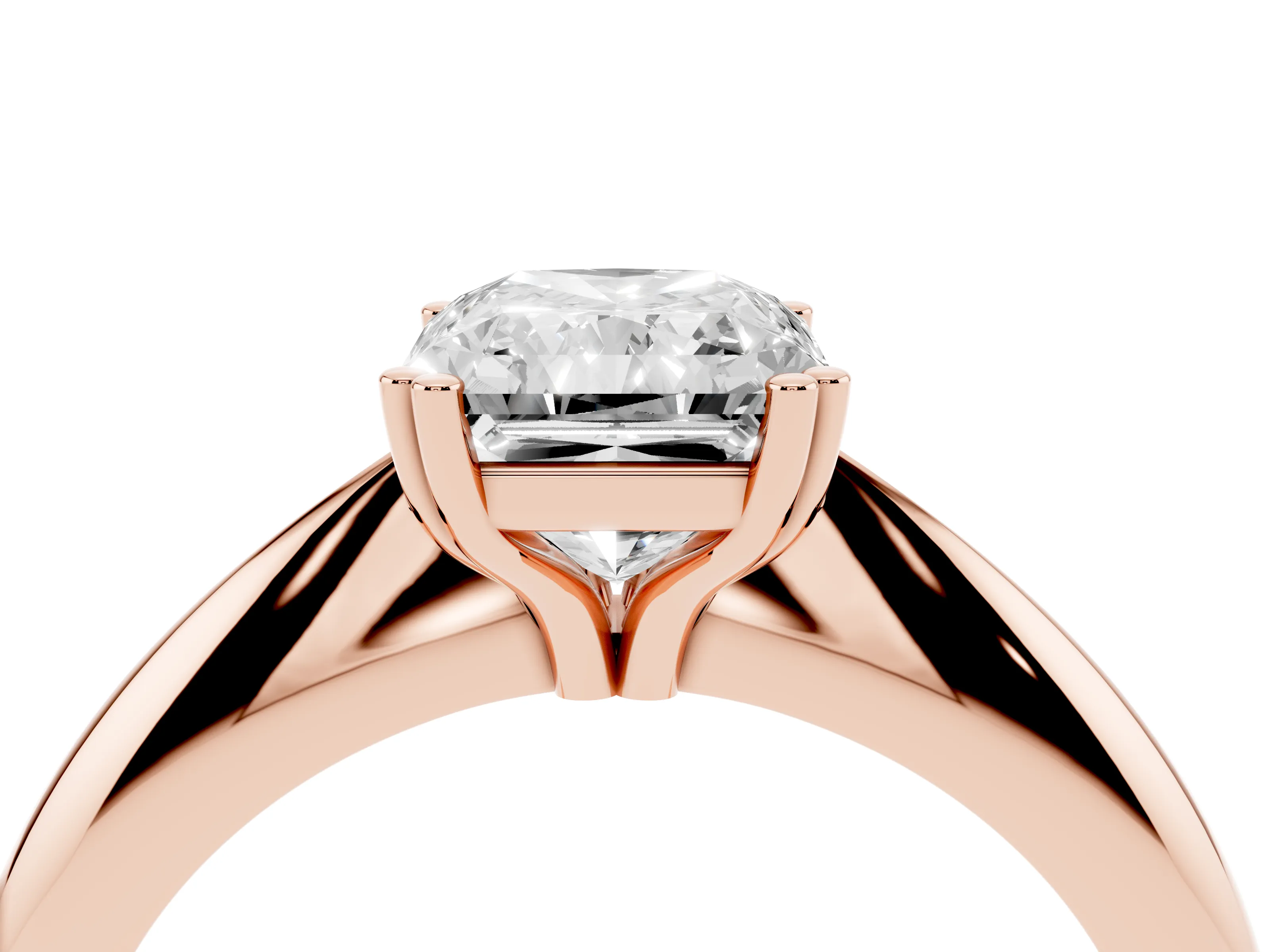 Radiant Cut Diamond Solitaire Engagement Ring Set in Rose gold with Tapered Band and Prong Setting