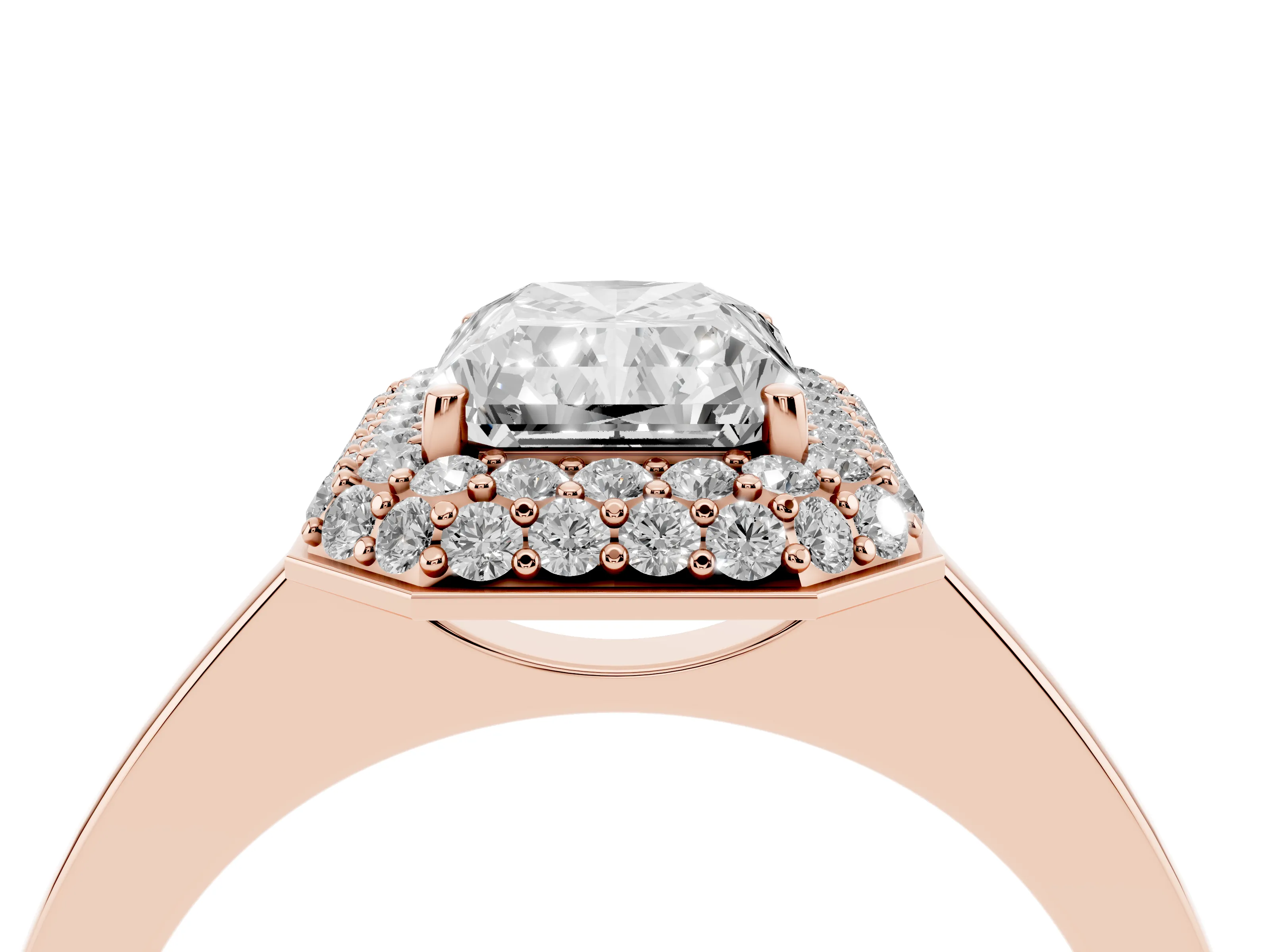 Radiant Cut Diamond Halo Engagement Ring Set in Rose gold with Solitaire Band and Prong Setting