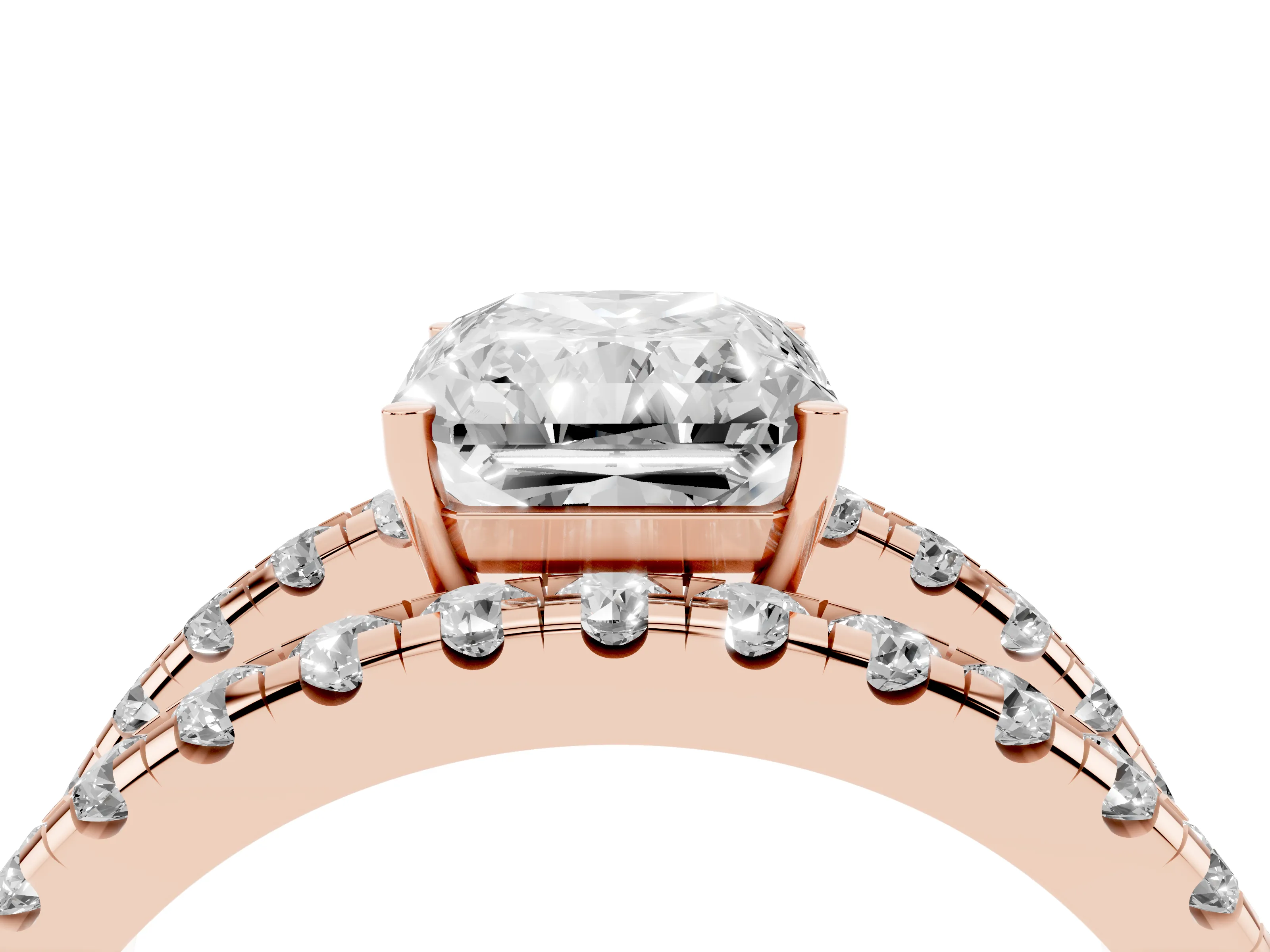 Radiant Cut Diamond Split Shank Pavé Solitaire Ring Set in Rose gold with Open Shank Design
