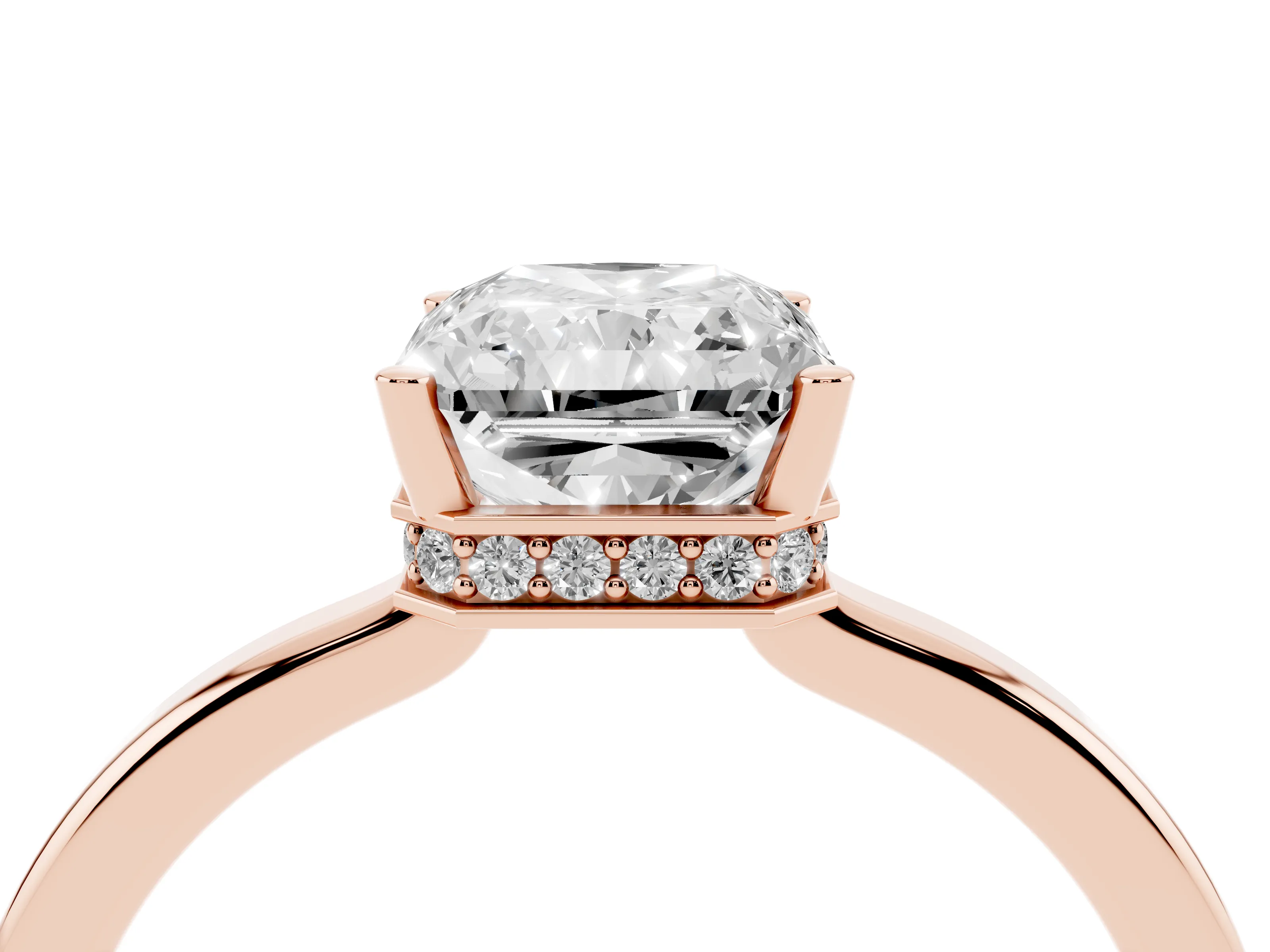 Radiant Cut Diamond Solitaire Engagement Ring Set in Rose gold with Prong Setting on a Plain Band