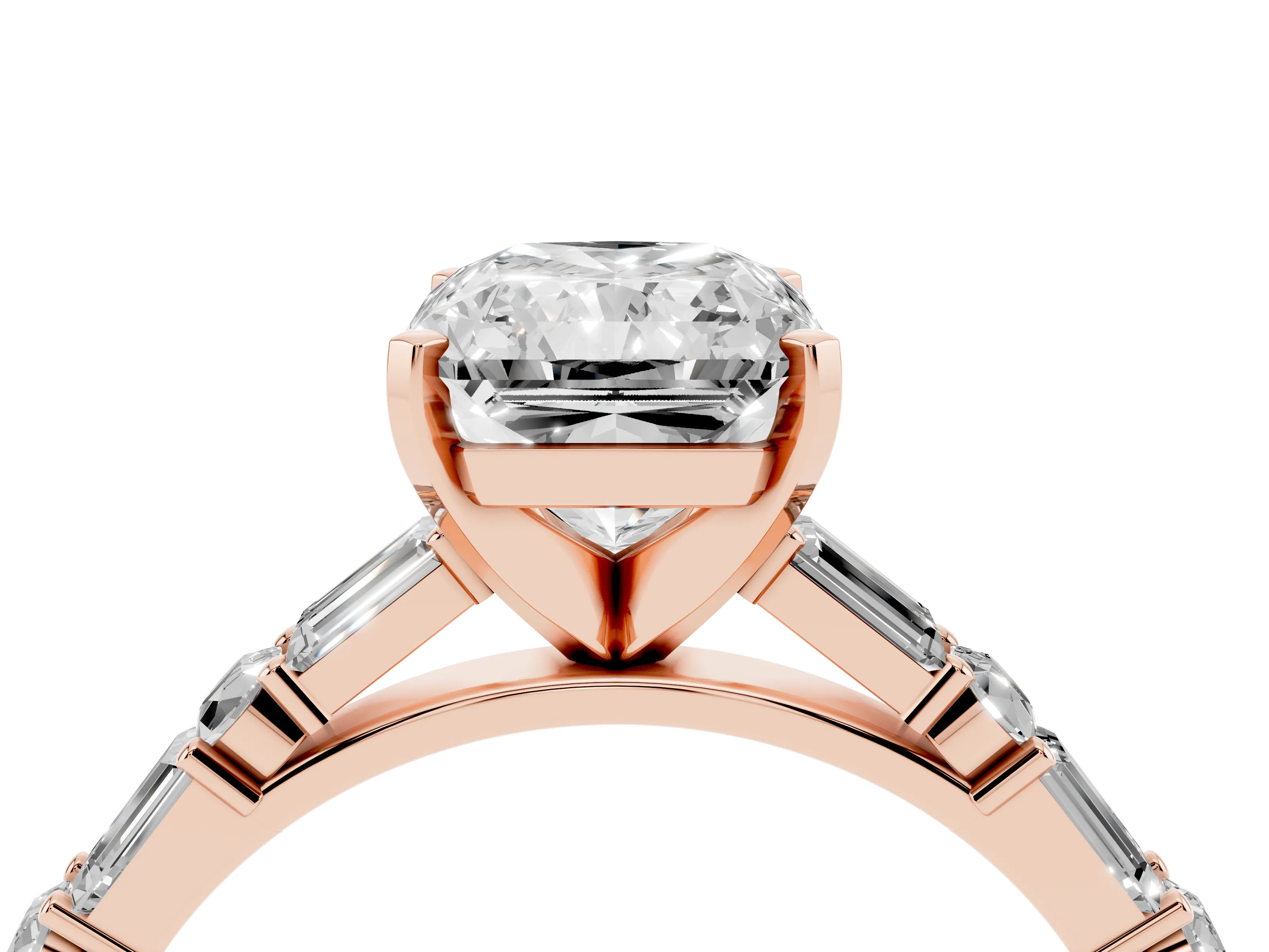 Radiant Cut Diamond Solitaire Set in Rose gold with Side Baguettes and Channel Set Band