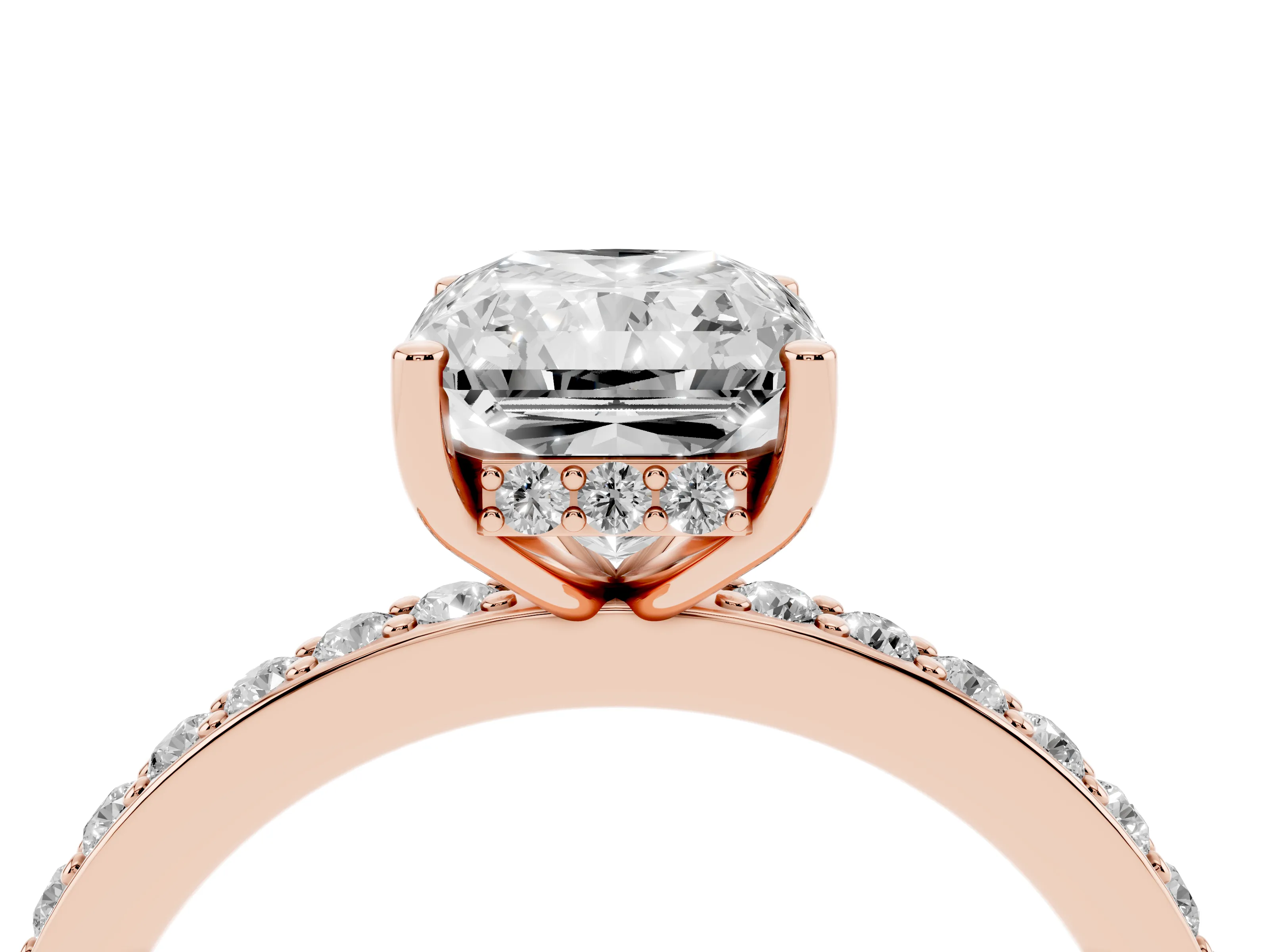 Radiant Cut Diamond Pavé Band Ring Set in Rose gold with Prong-Set Center Stone