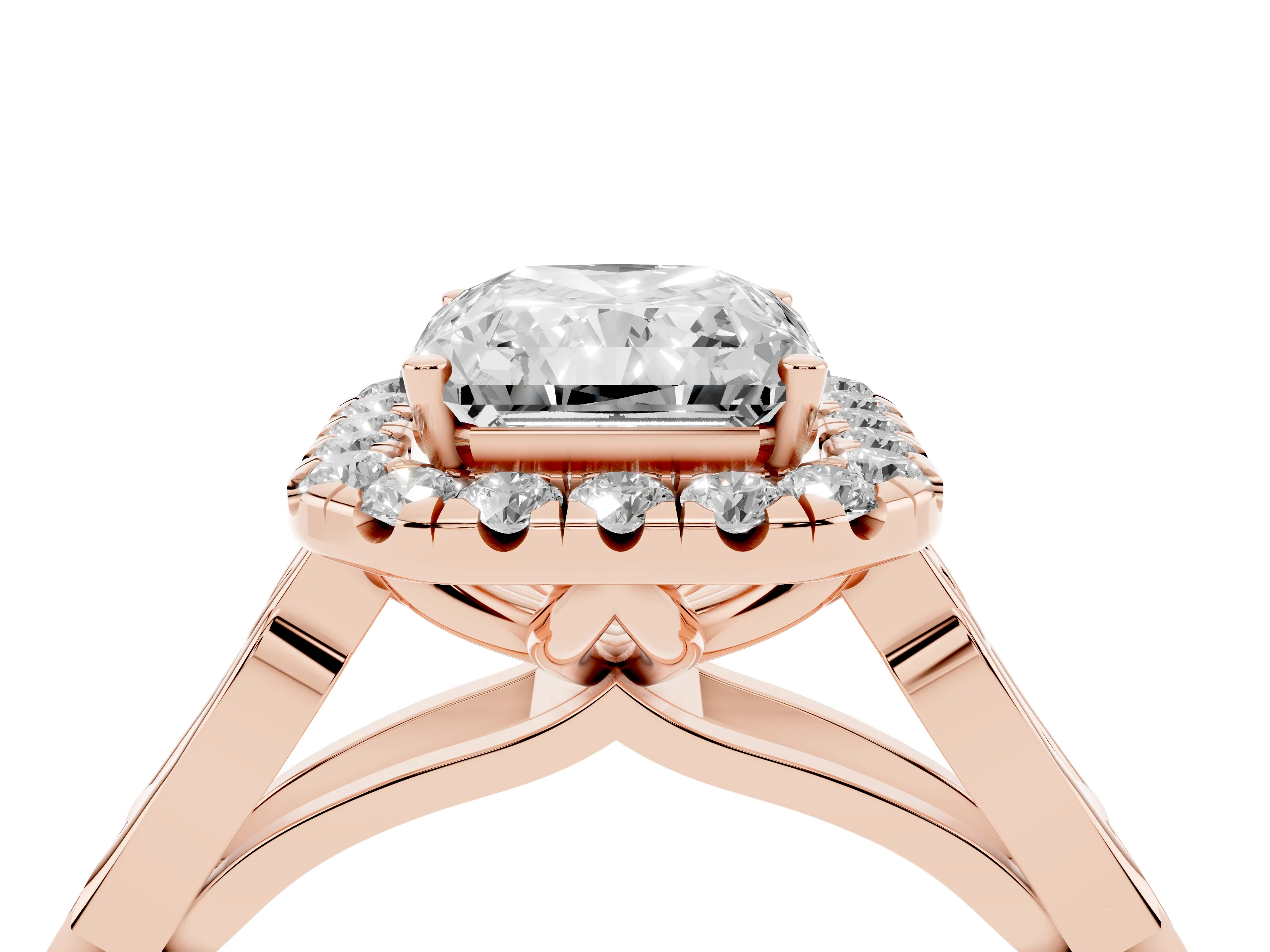 Radiant Cut Diamond Halo Engagement Ring Set in Rose gold with Filigree Band and Prong-Set Center