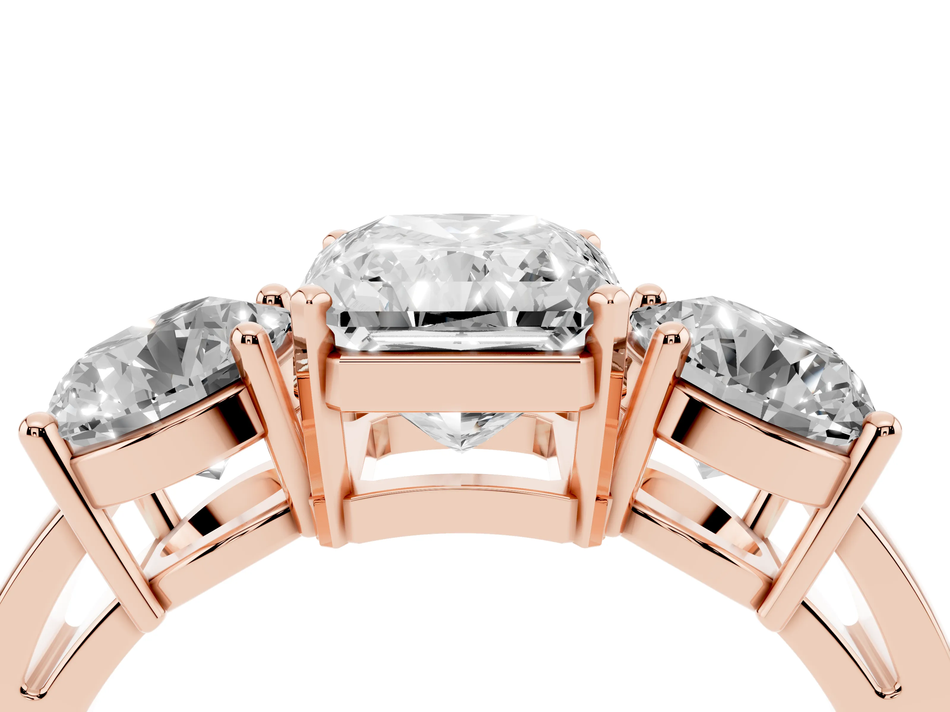 Radiant Cut Diamond Three-Stone Ring Set in Rose gold with Round Side Stones and Classic Band