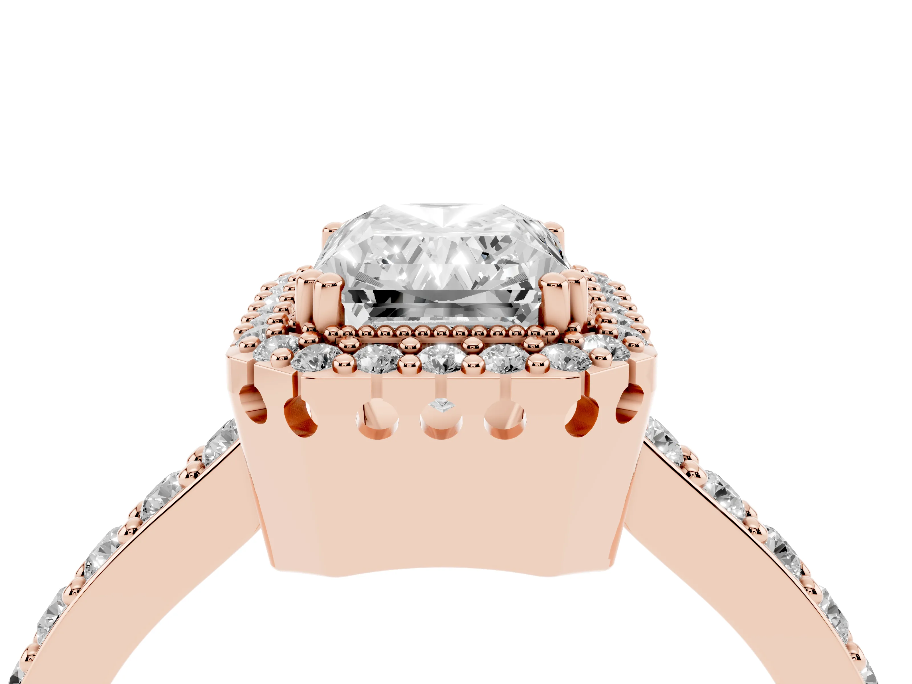 Radiant Cut Diamond Halo Engagement Ring Set in Rose gold with Milgrain Detail and Pavé Band