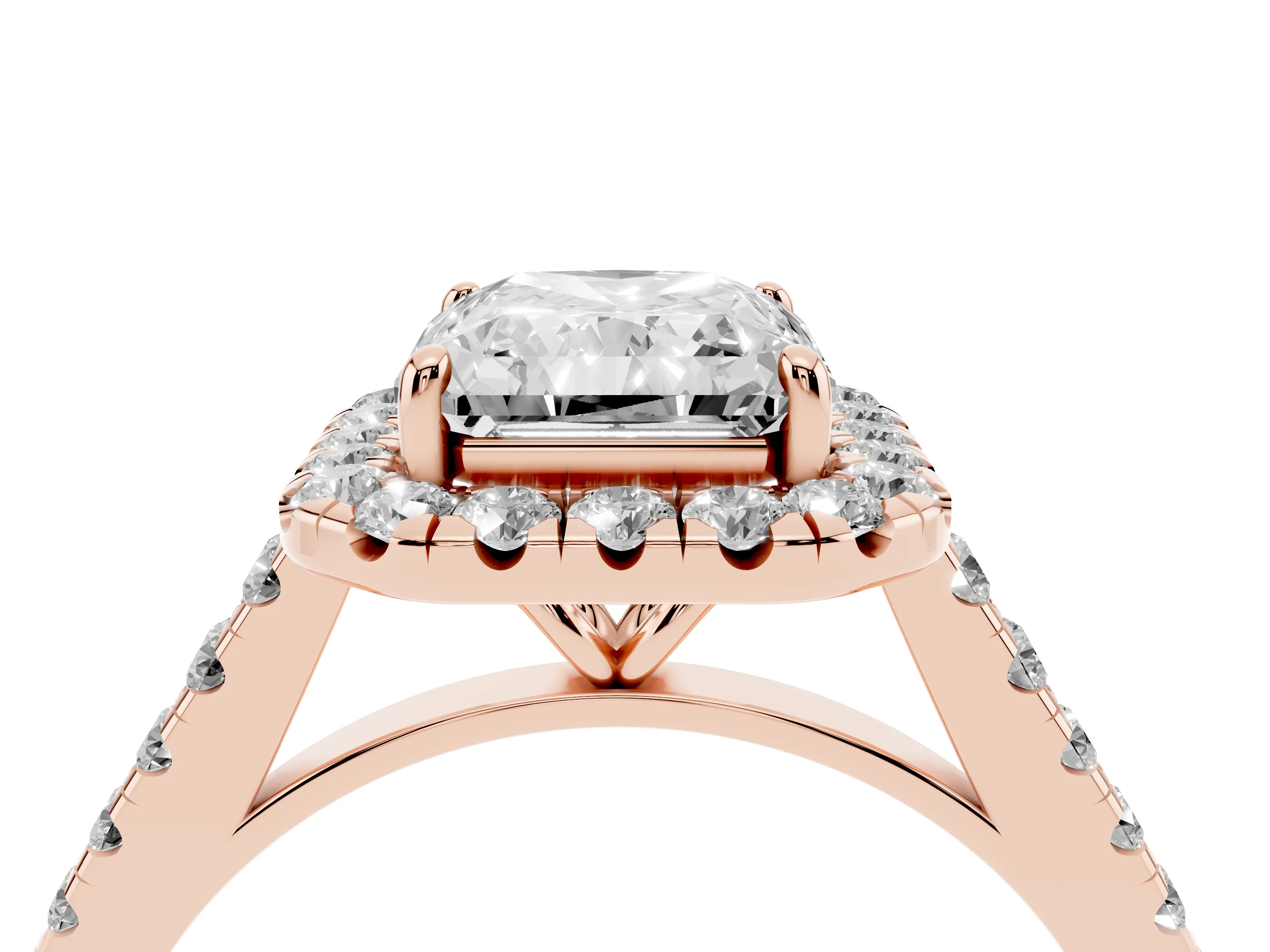 Radiant Cut Diamond Halo Pavé Engagement Ring Set in Rose gold with Prong Setting