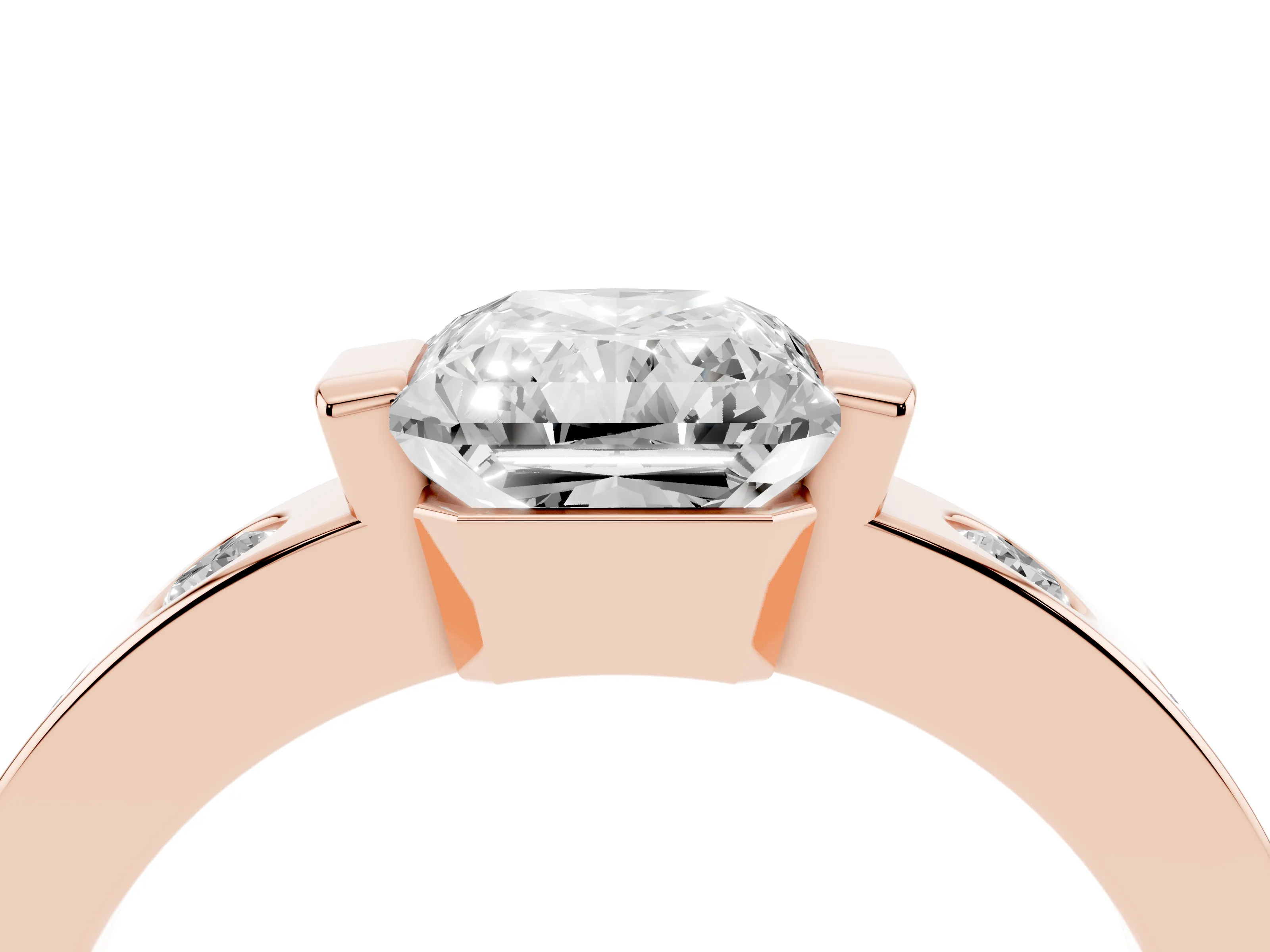 Radiant Cut Diamond Channel-Set Band Ring Set in Rose gold with Bezel Prong Setting