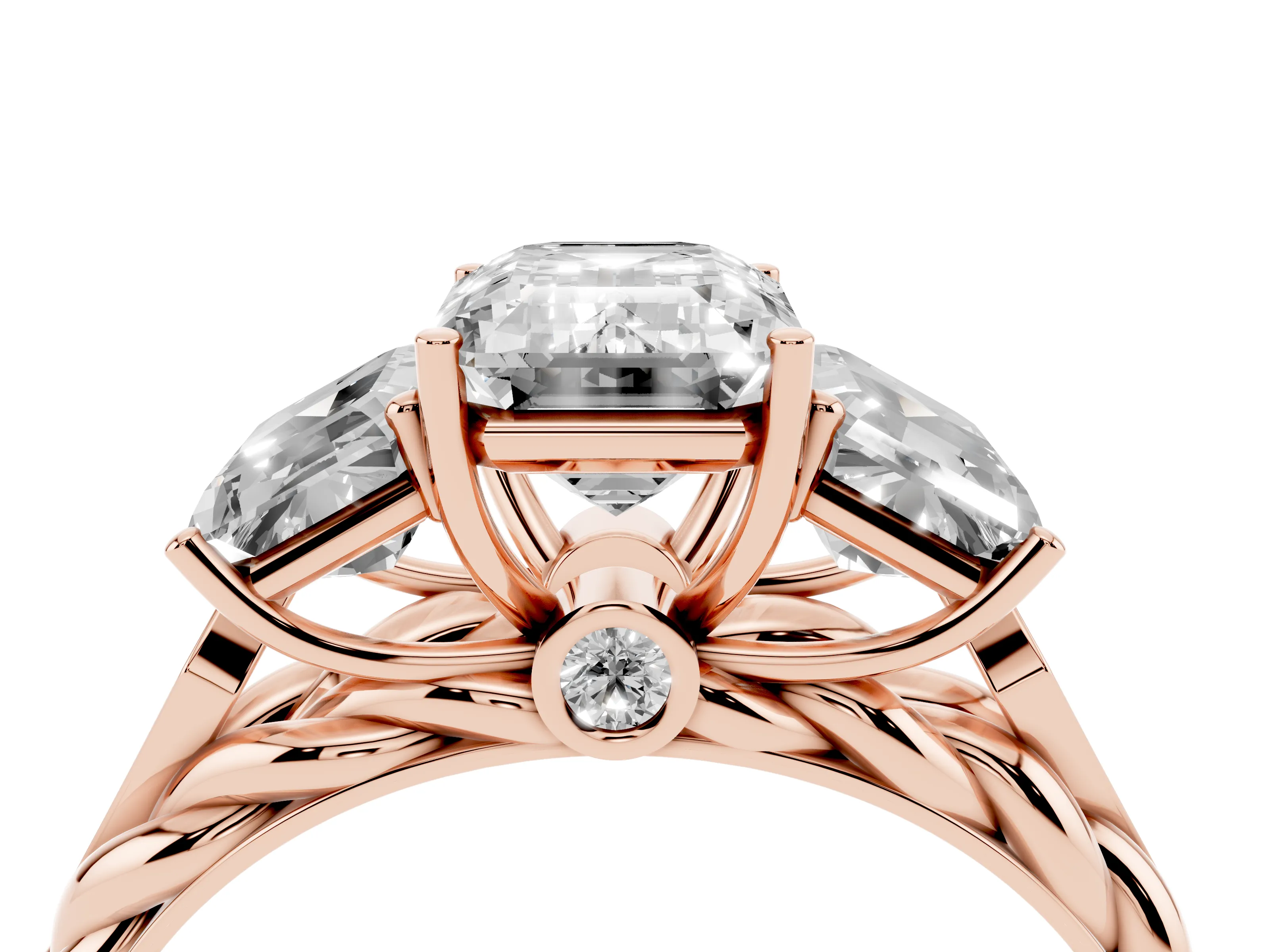 Radiant Cut Diamond Three-Stone Ring Set in Rose gold with Braided Band