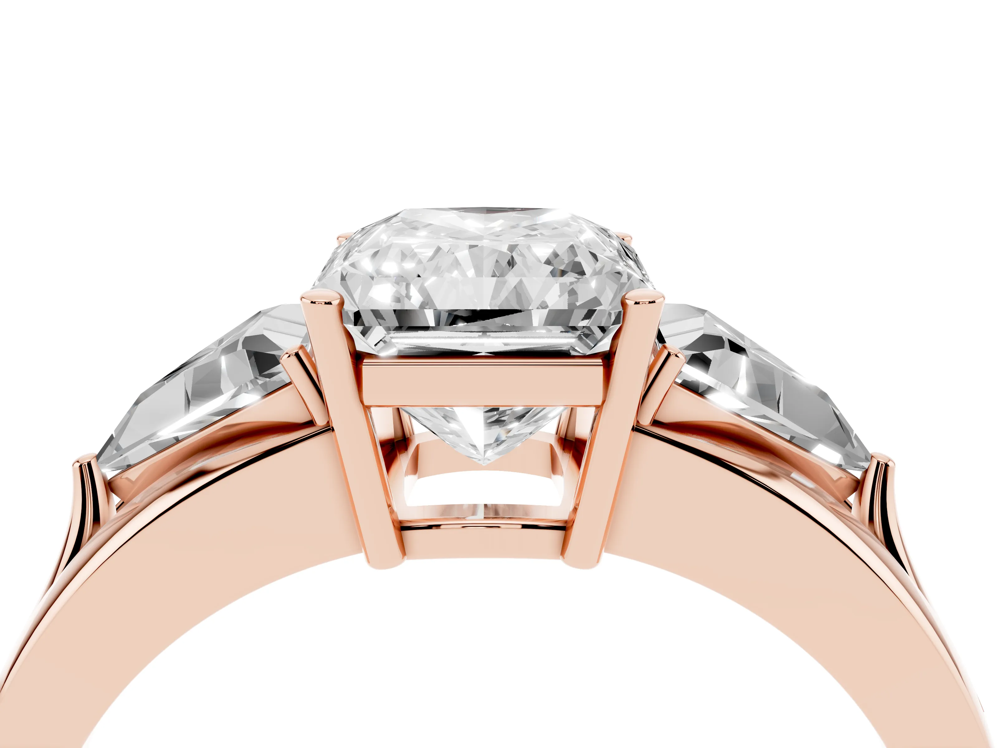 Radiant Cut Diamond Three-Stone Ring Set in Rose gold with Trillion Side Stones and Split Shank