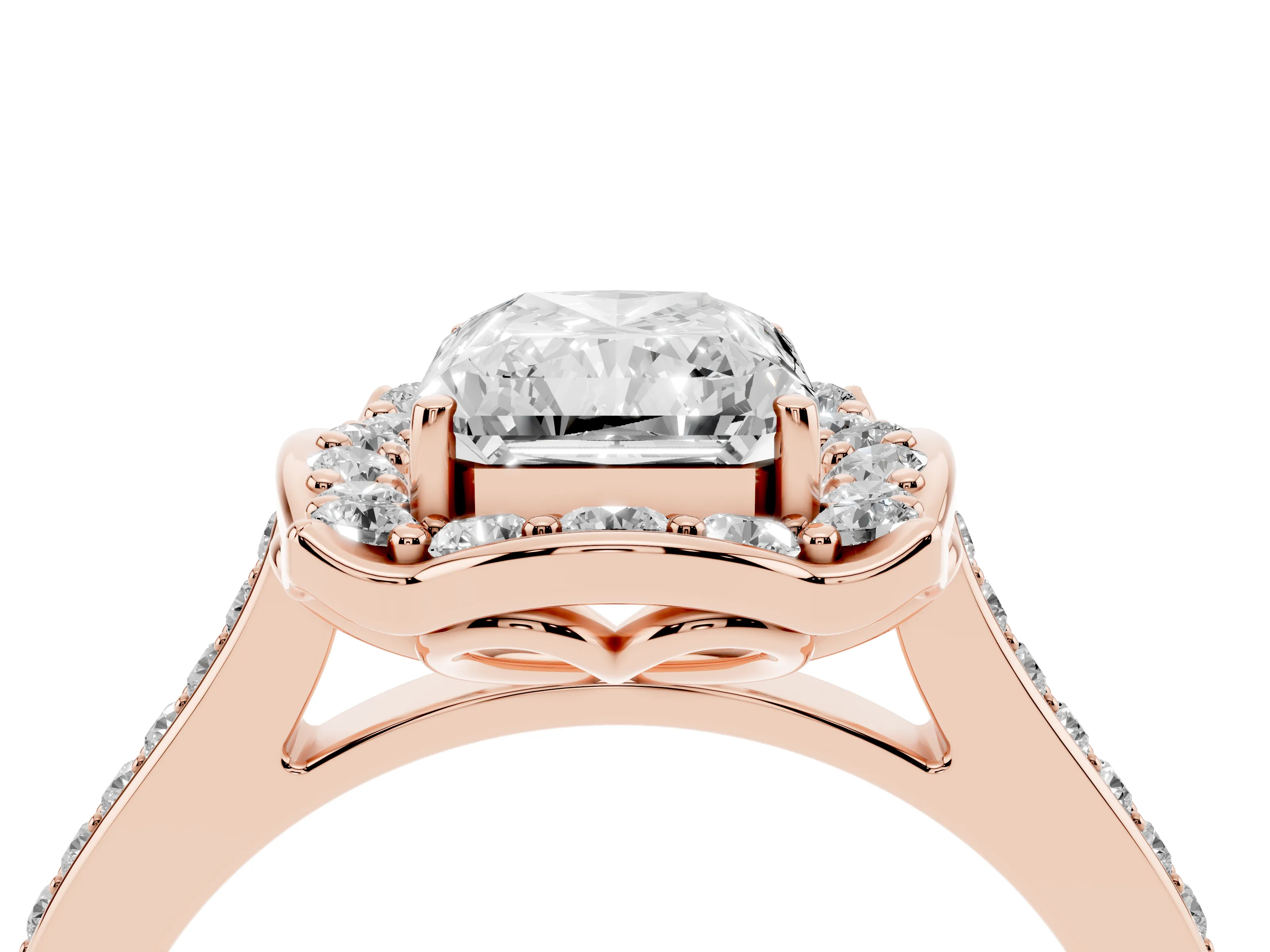 Radiant Cut Diamond Halo Ring Set in Rose gold with Pavé-Lined Shoulders and Prong Setting