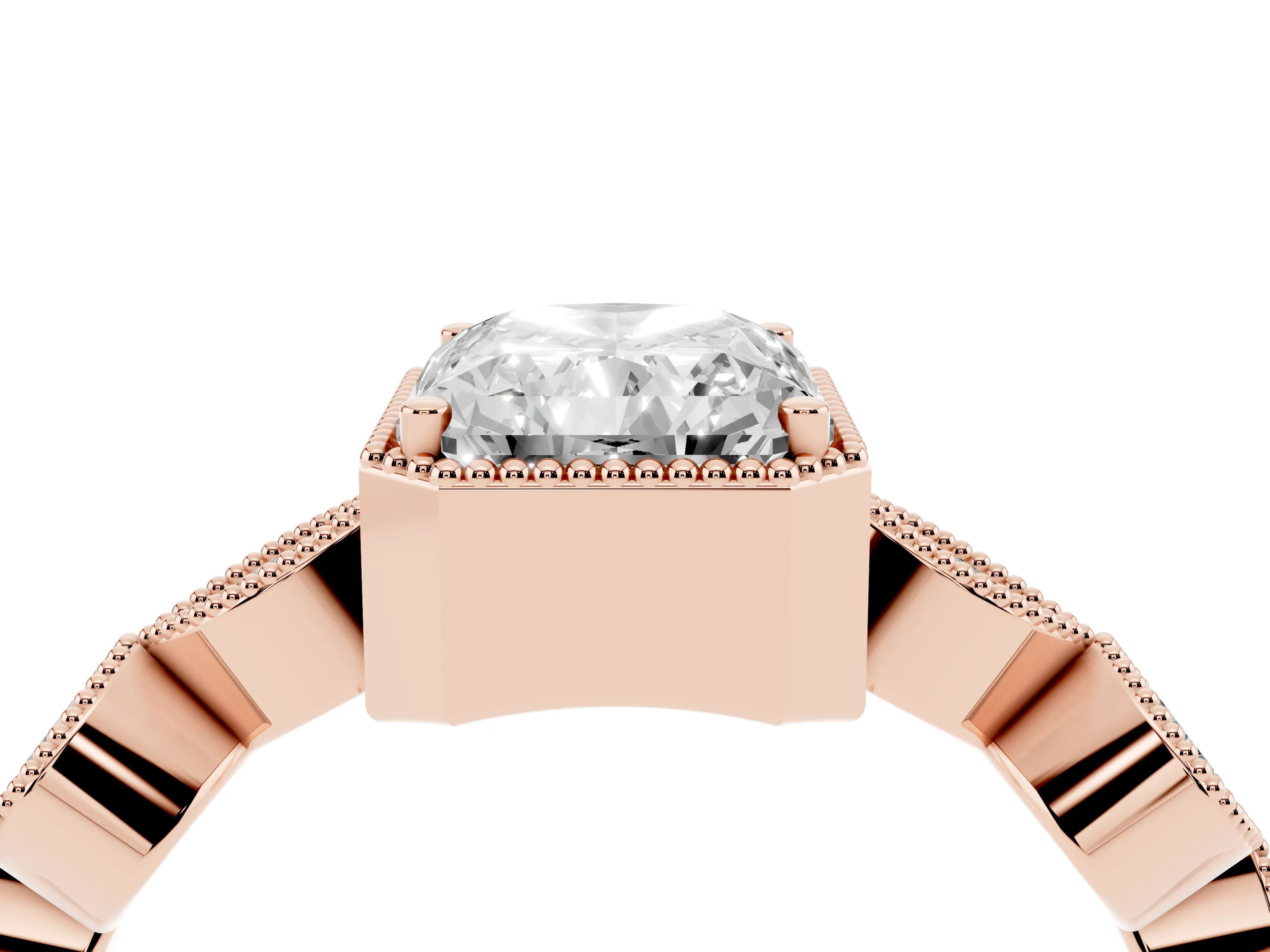 Radiant Cut Diamond Vintage-Inspired Milgrain Ring Set in Rose gold with Marquise Stations of Round Accents