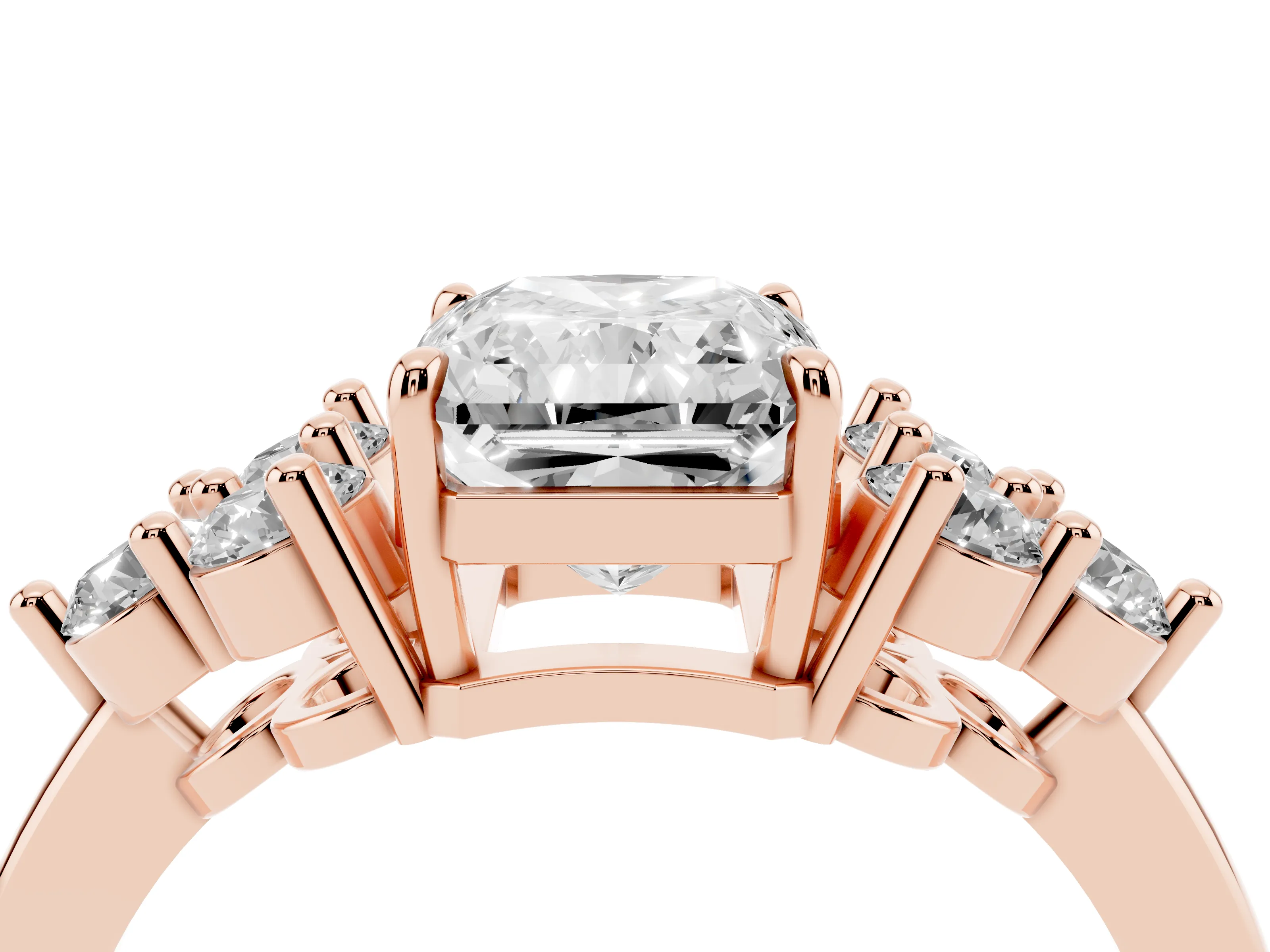 Radiant Cut Diamond Solitaire Ring Set in Rose gold with Cluster Accents on Each Side