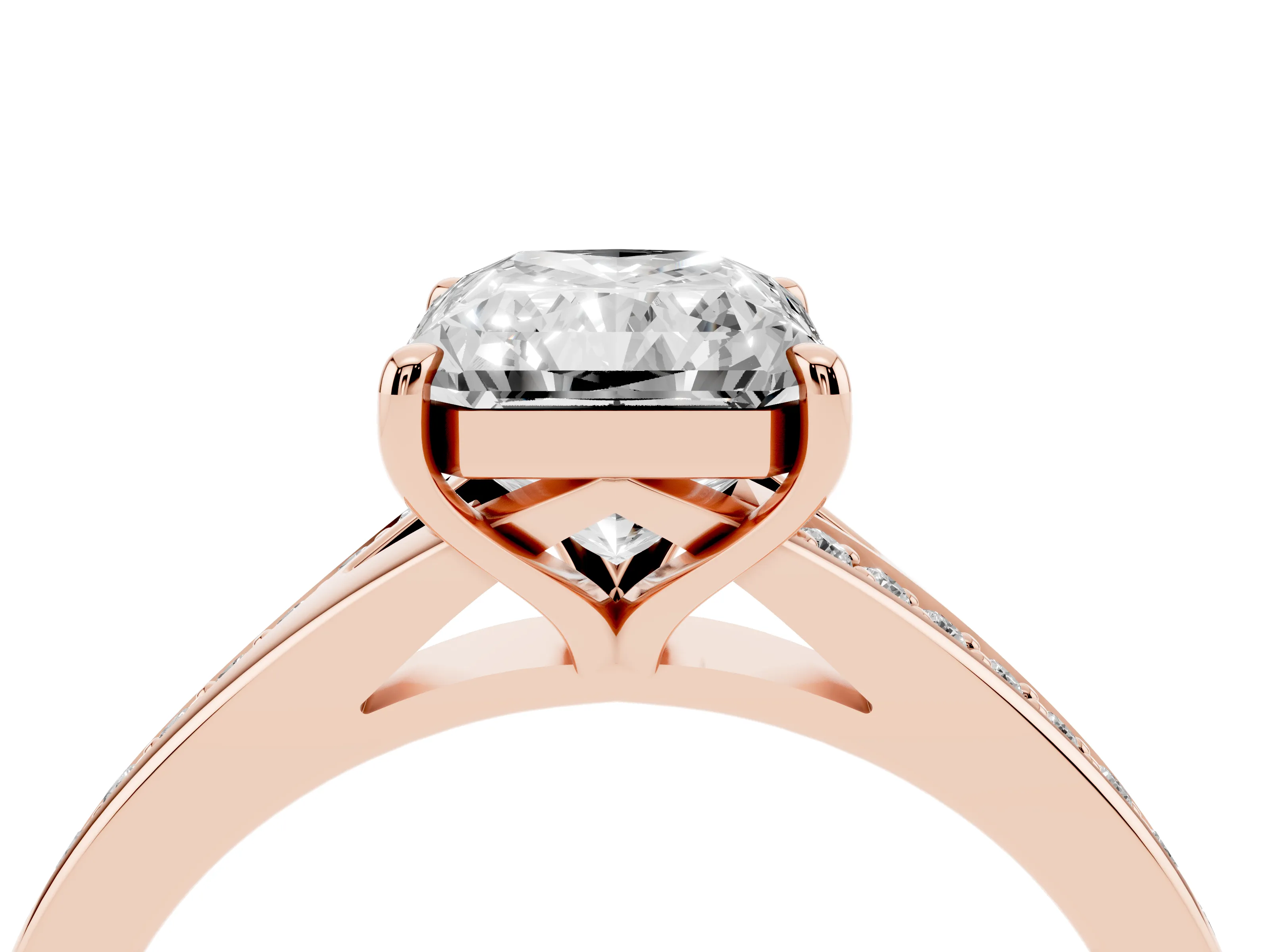 Radiant Cut Diamond Solitaire Ring Set in Rose gold with Pavé Accent Band and Classic Prong Setting
