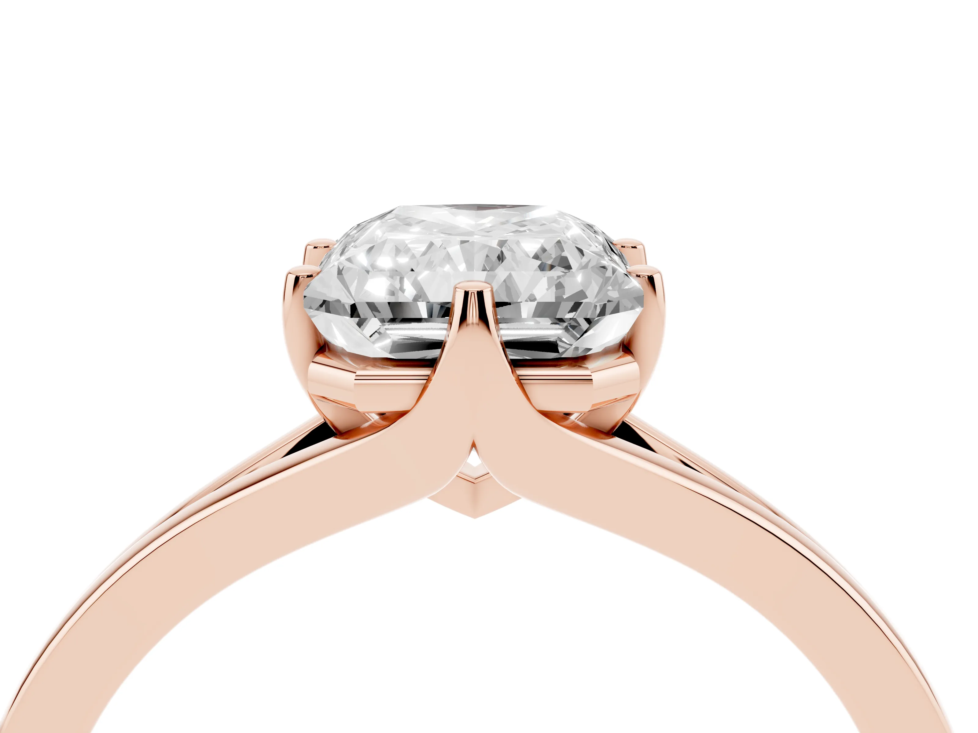 Radiant Cut Diamond Solitaire Ring Set in Rose gold with Polished Tapered Band and Prong Setting