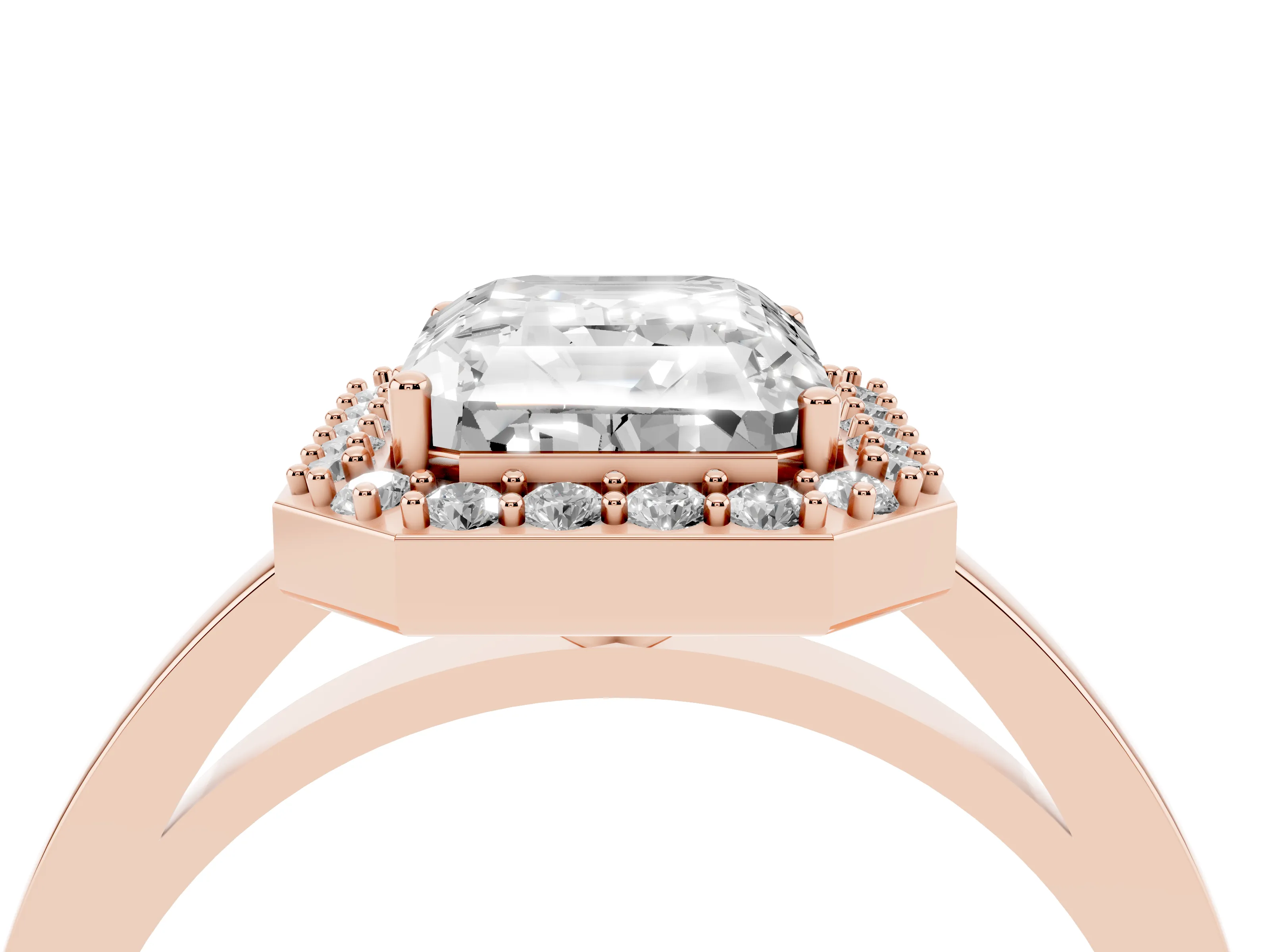 Radiant Cut Diamond Halo Ring Set in Rose gold with Solitaire Band and Prong Setting
