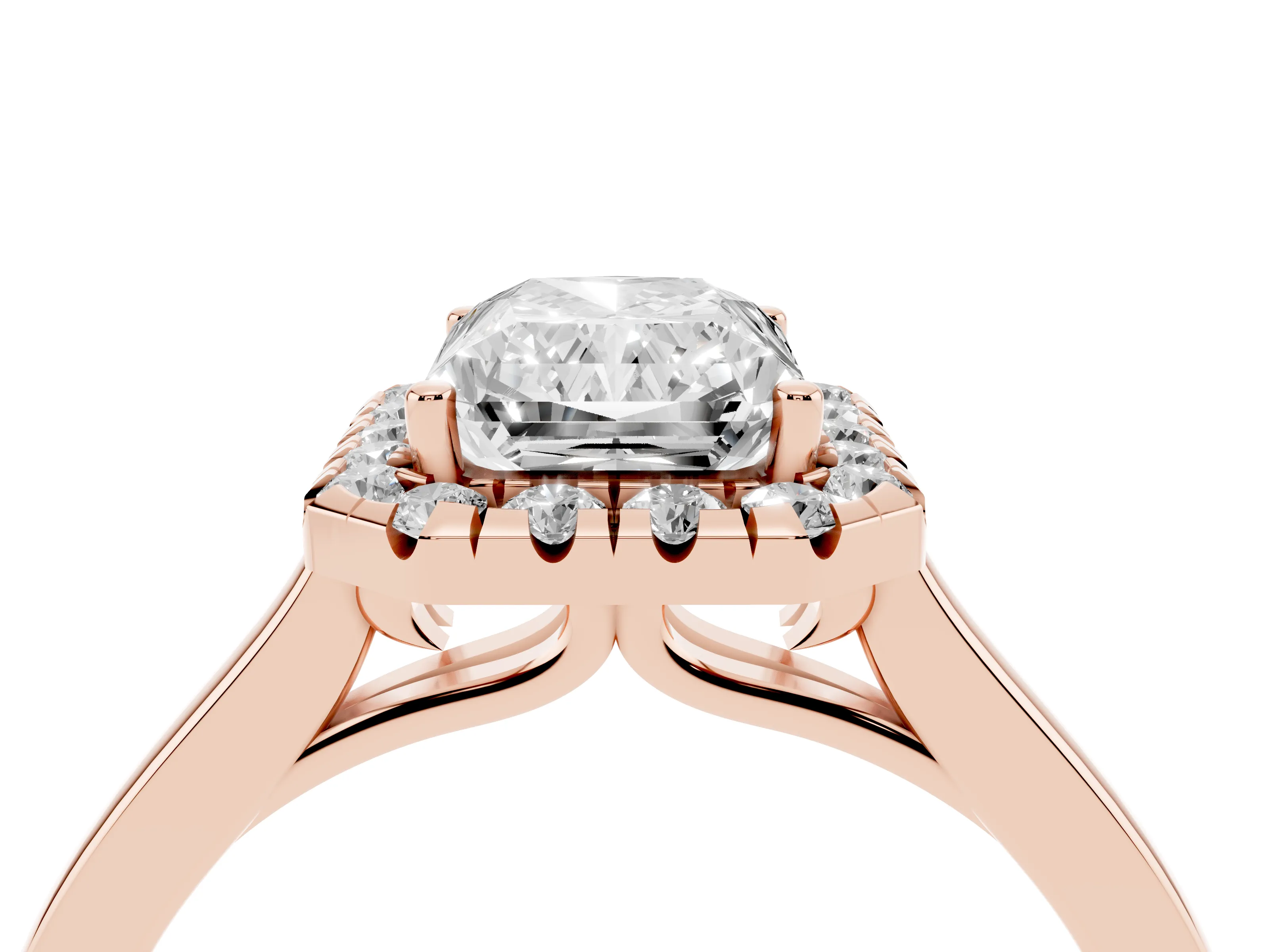 Radiant Cut Halo Round Diamond Solitaire Ring Set in Rose gold with Pavé Band and Prong Setting