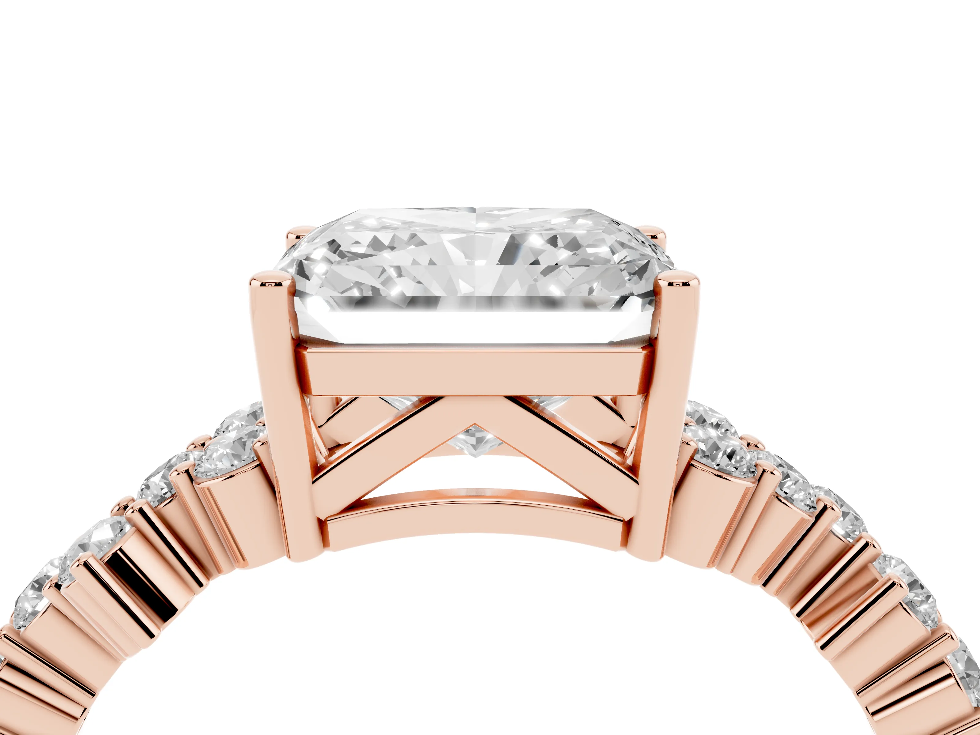Radiant Cut Diamond Ring Set in Rose gold with Scattered Round Accents