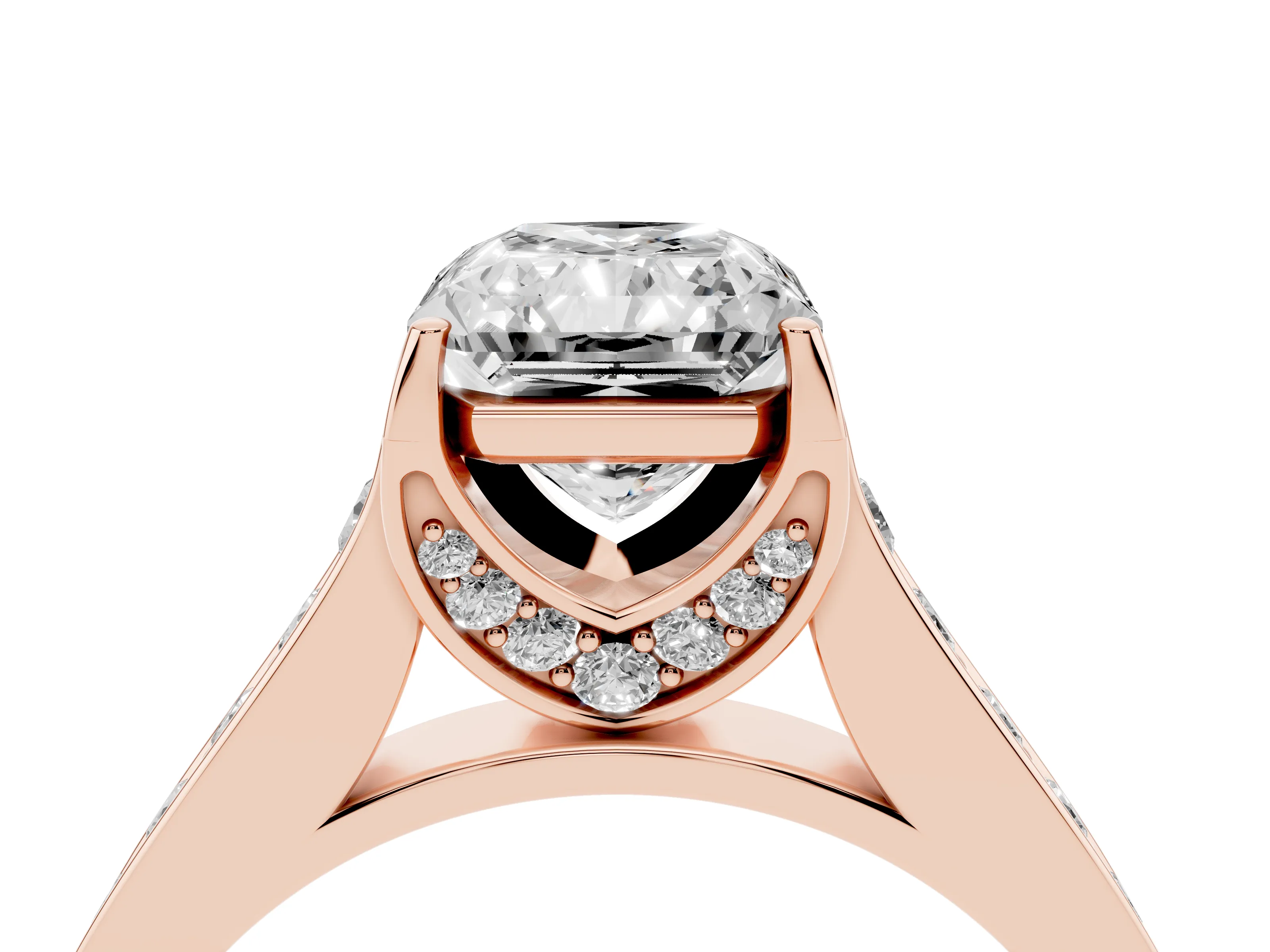 Radiant Cut Diamond Solitaire Pavé Engagement Ring Set in Rose gold with Prong Setting