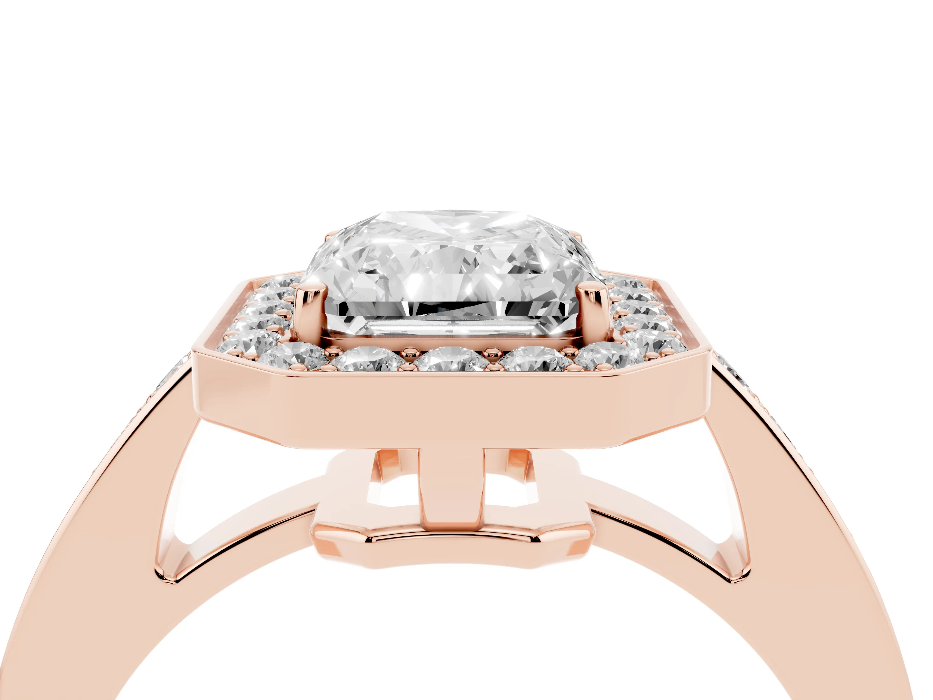 Radiant Cut Diamond Halo Pavé Engagement Ring Set in Rose gold with Bezel Setting
