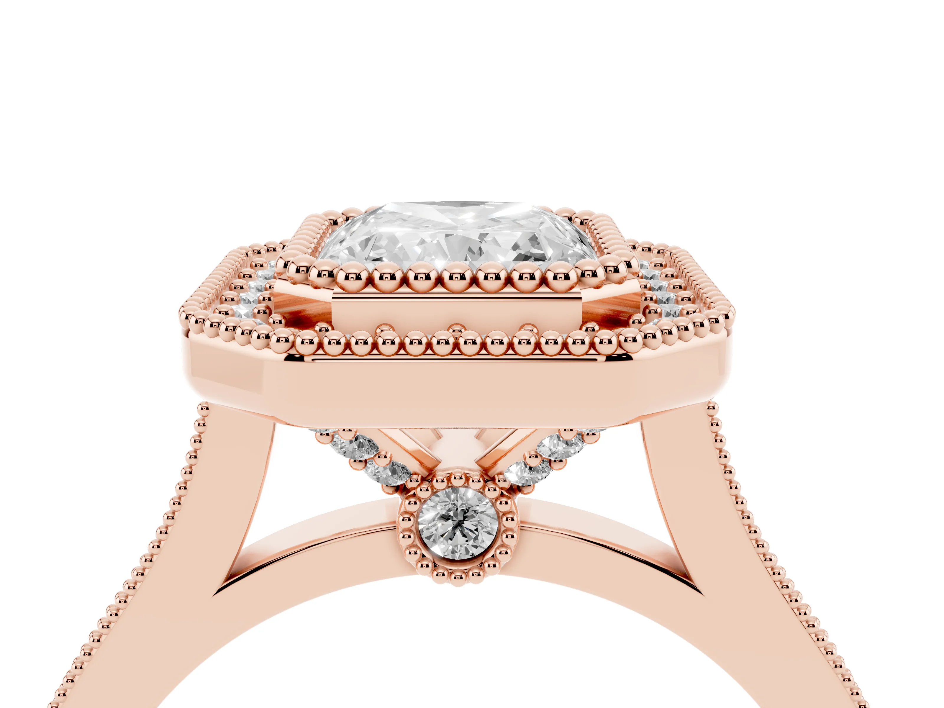 Radiant Cut Diamond Halo Ring Set in Rose gold with Milgrain Frame and Pavé Band
