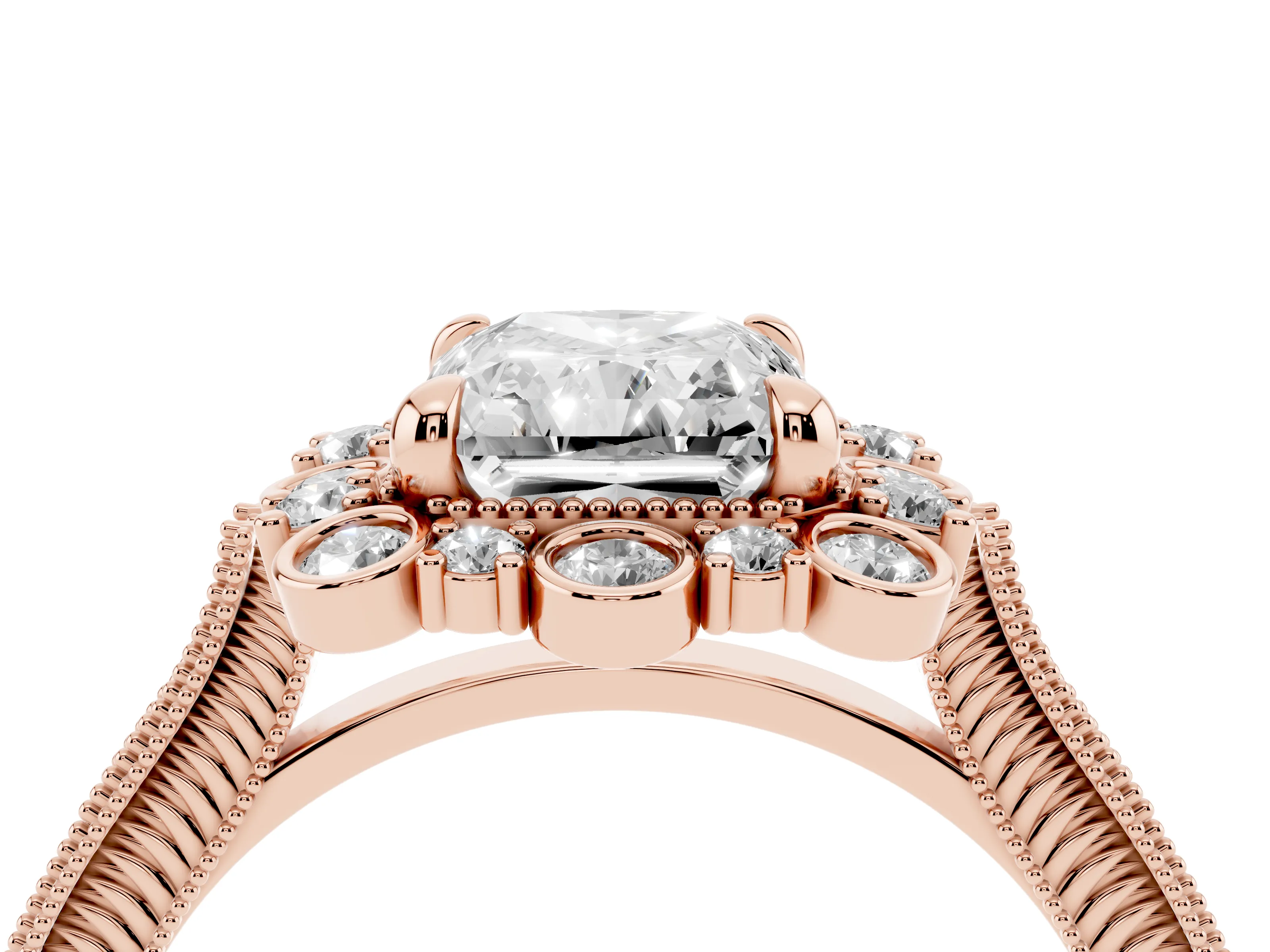 Radiant Cut Diamond Halo Milgrain Pavé Ring Set in Rose gold with Prong Setting