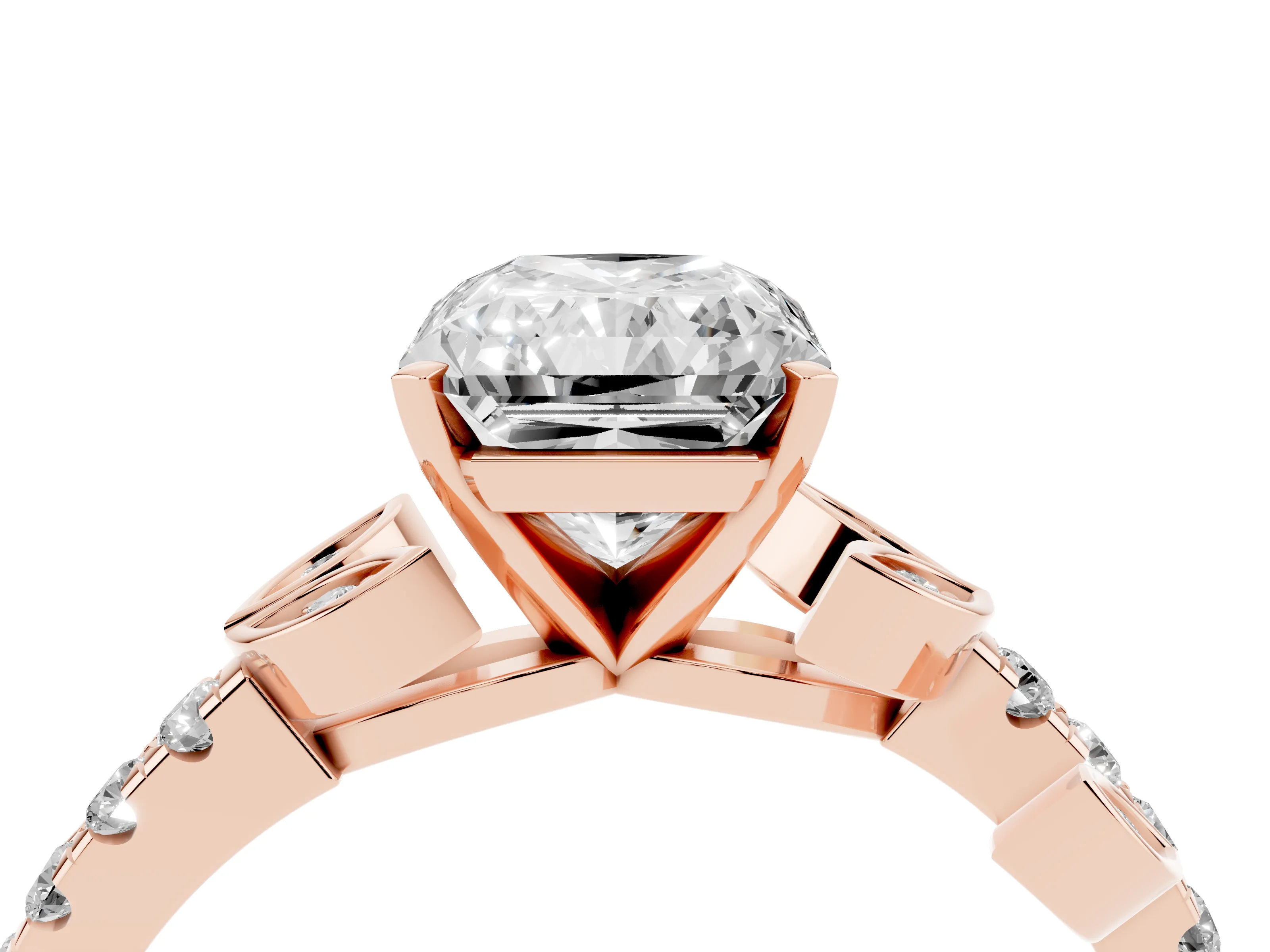 Radiant Cut Diamond Solitaire Leaf-Inspired Ring Set in Rose gold with Pavé Band and Prong Setting
