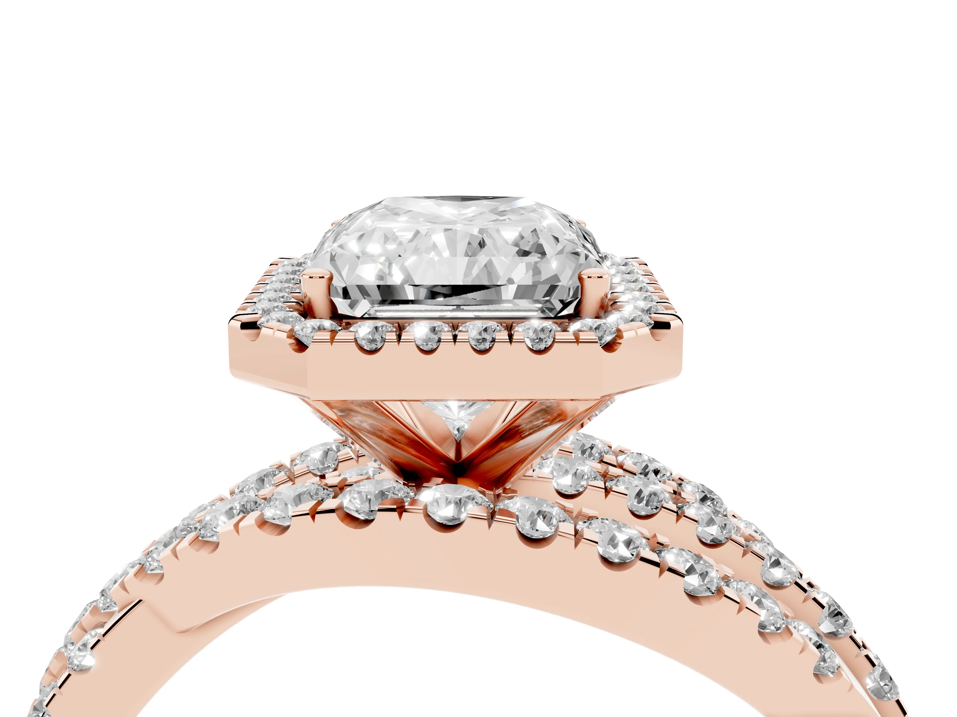 Radiant Cut Diamond Halo Ring Set in Rose gold with Round Crossover Split Shank and Prong Setting