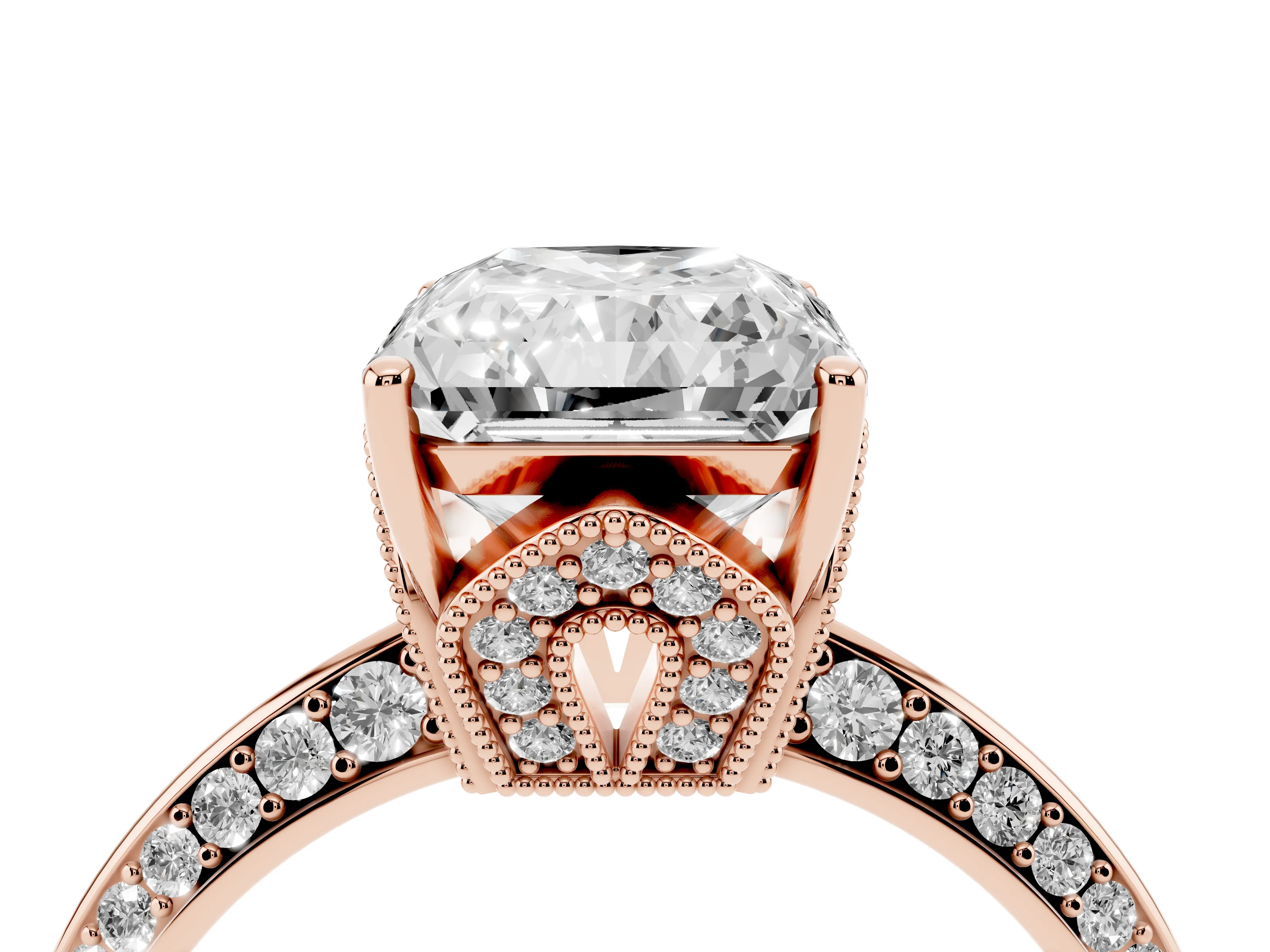 Radiant Cut Diamond Solitaire Engagement Ring Set in Rose gold with Pavé Split Shank and Prong Setting